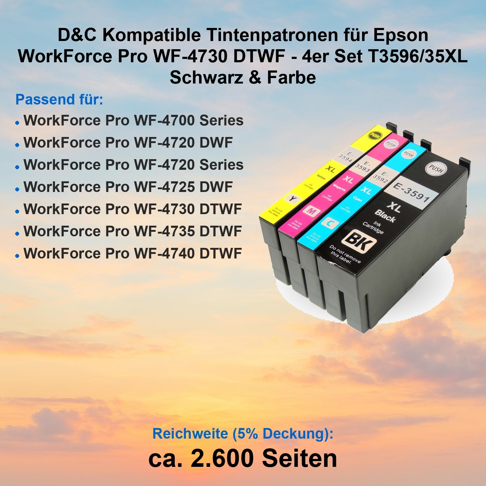 Tintenpatronen: Gelb, Magenta, Cyan und Schwarz. Auf der Patrone steht 'XL' und 'E-3591'. Hintergrund ist ein oranger Himmel.