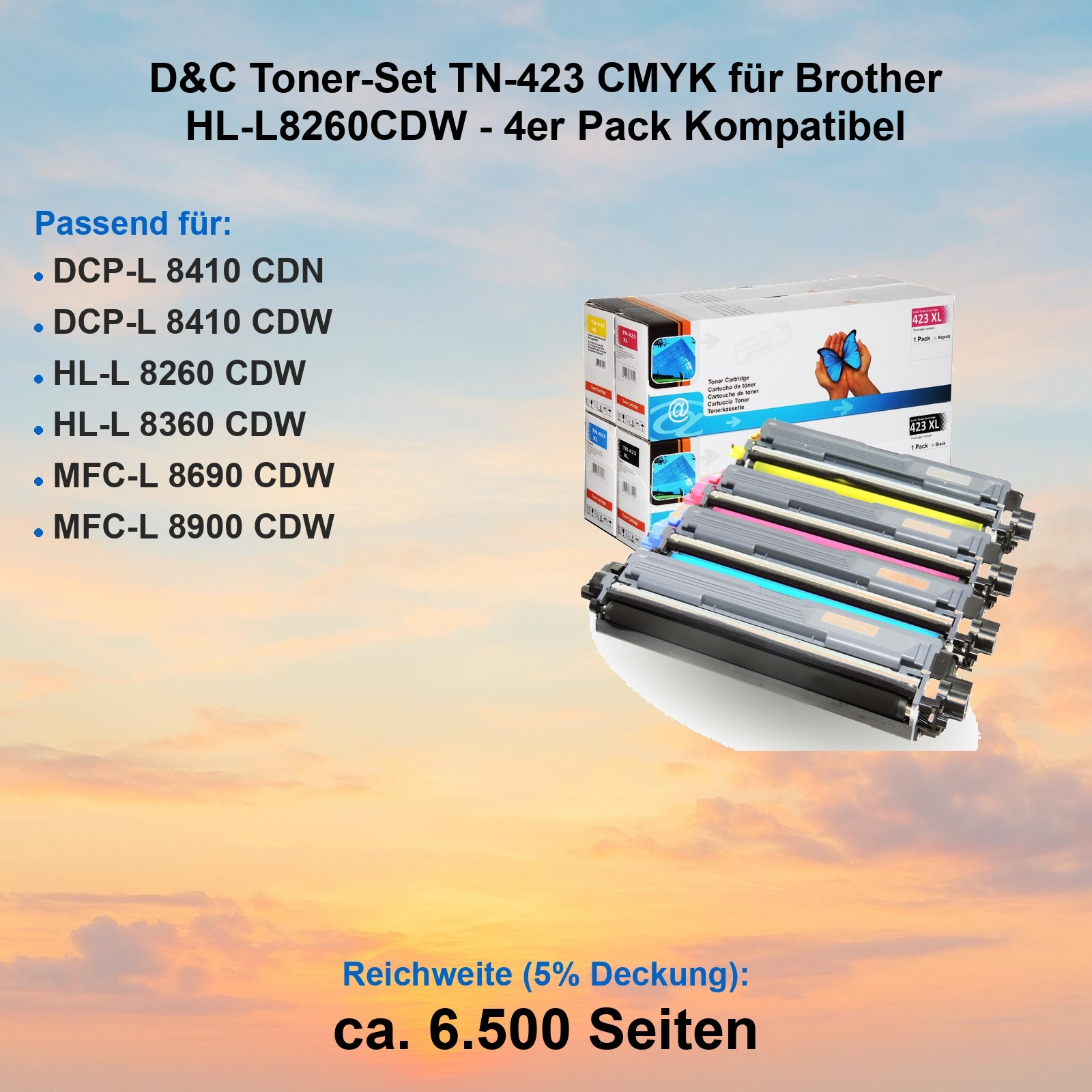 Das Bild zeigt Tonerkartuschen für Brother-Drucker. Der Text enthält Modellnummern und Kompatibilitätsdetails.