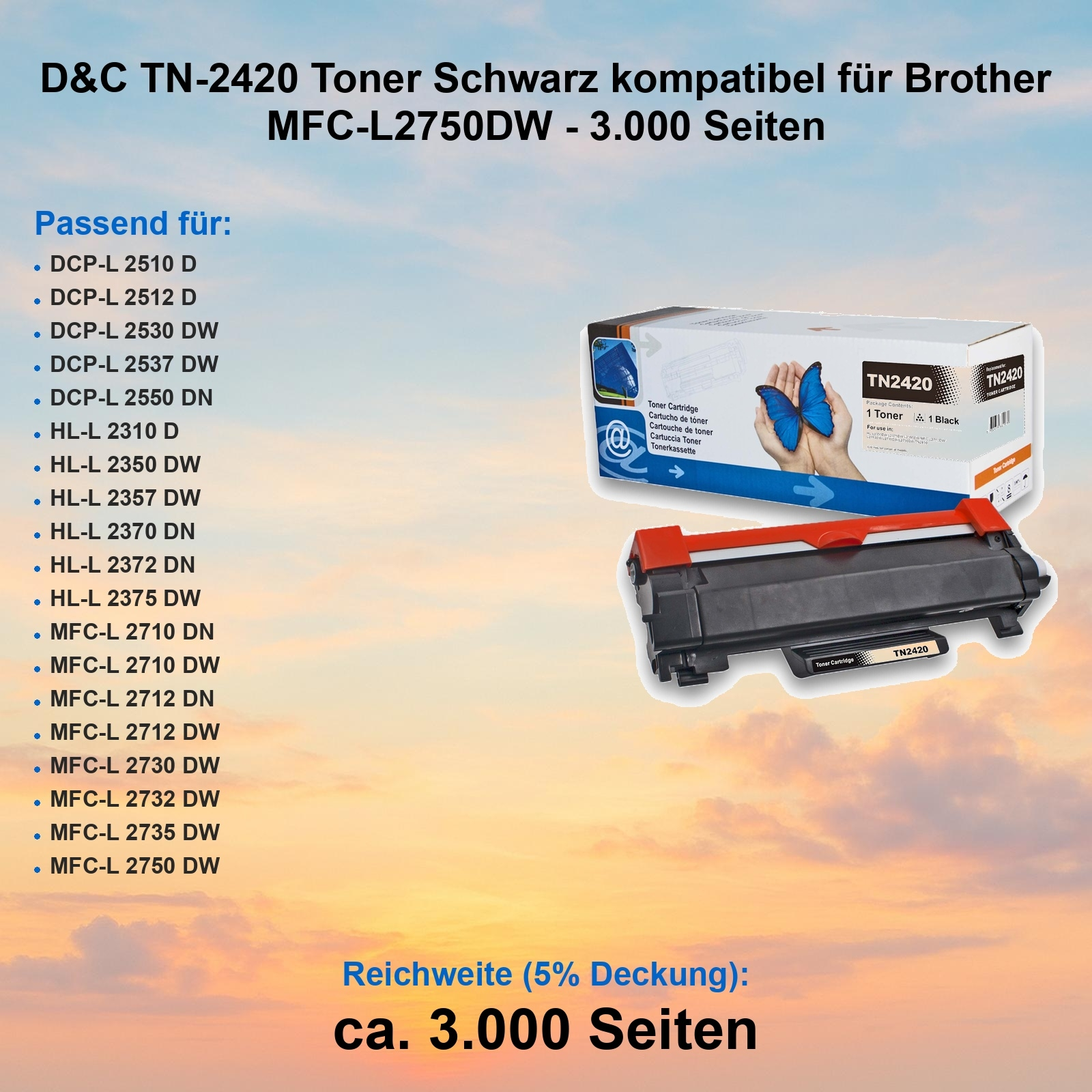 Eine Tonerkartuschenbox mit Schmetterlingsbild, einem schwarzen Toner und einer Liste kompatibler Drucker.