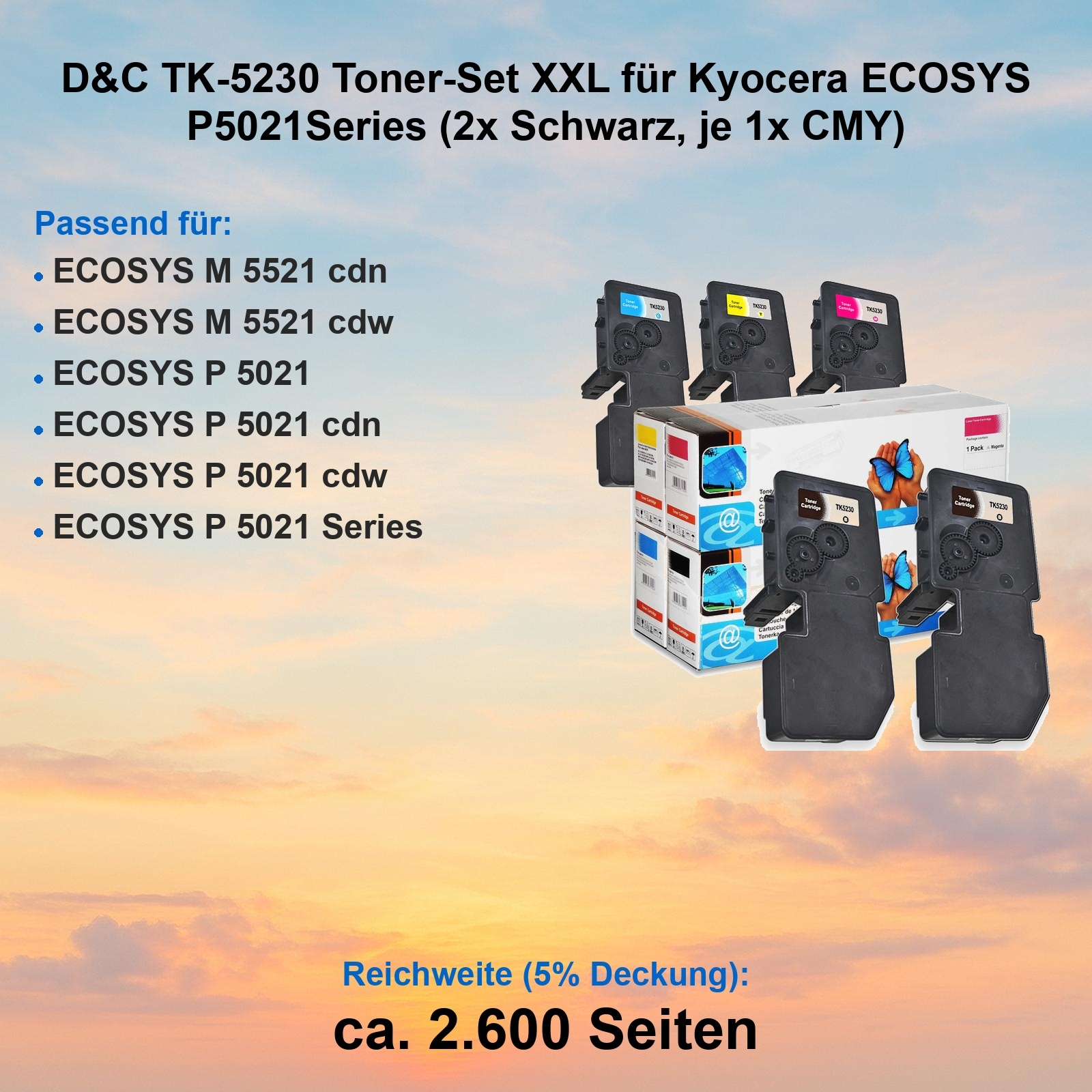 Das Bild zeigt Tonerkartuschen für Kyocera-Drucker. Enthält schwarze, cyanfarbene, gelbe und magentafarbene Kartuschen in einer Box.