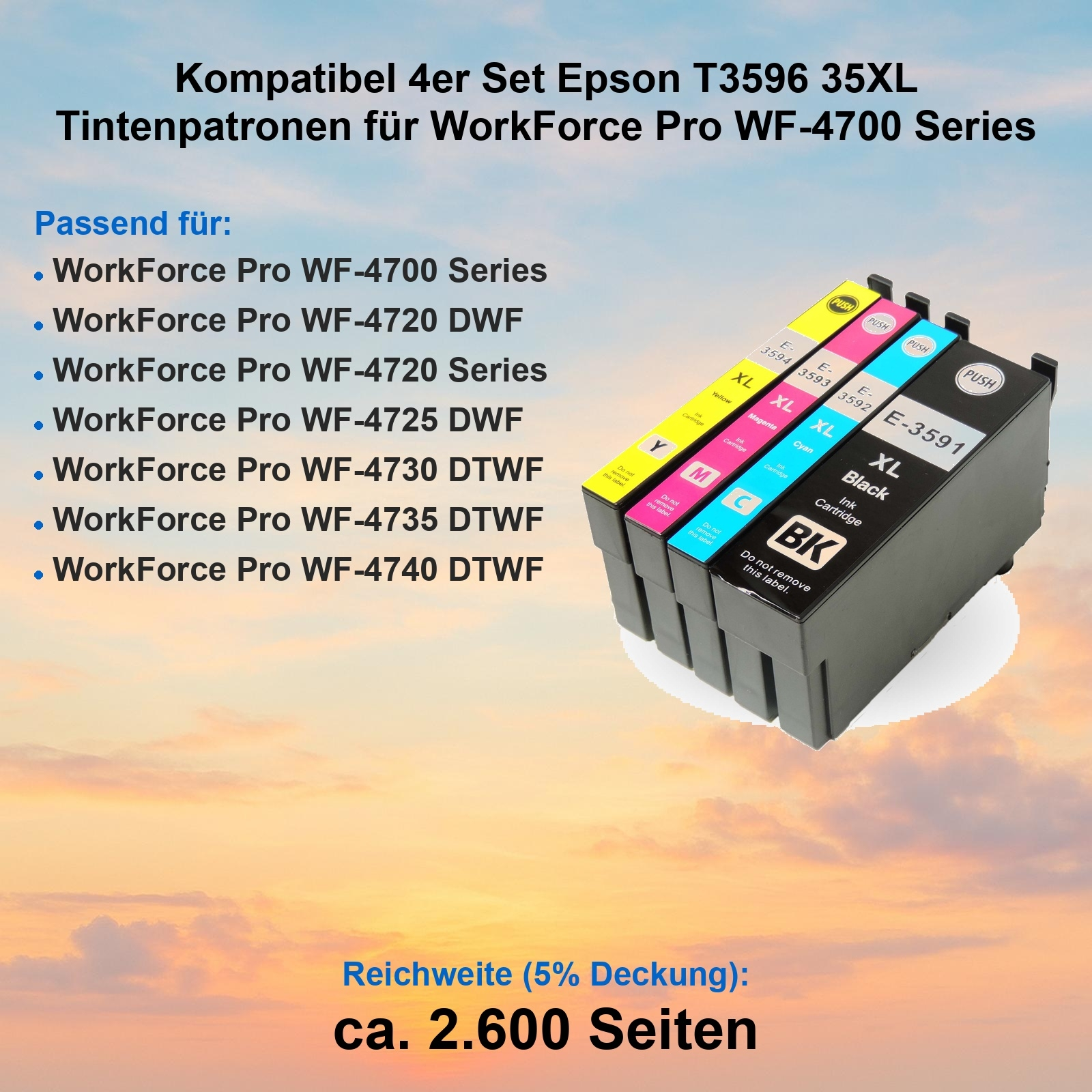 Das Bild zeigt Epson-Tintenpatronen. Text bietet Druckerkompatibilität und Seitenausbeute. Der Hintergrund ist ein Sonnenuntergang.