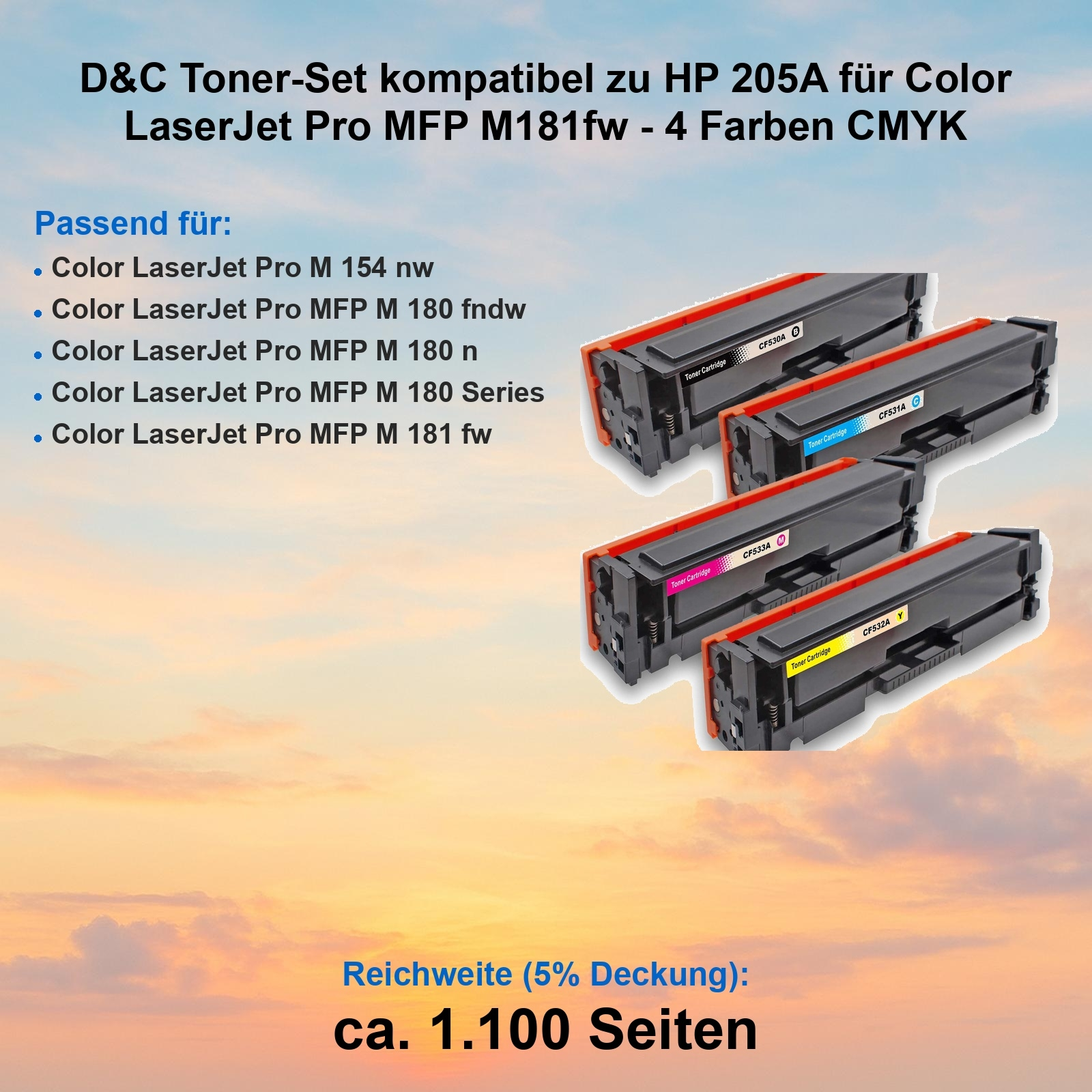 Das Bild zeigt Tonerpatronen in CMYK-Farben mit Produktdetails. Text enthält Druckerkompatibilität und Seitenausbeute.