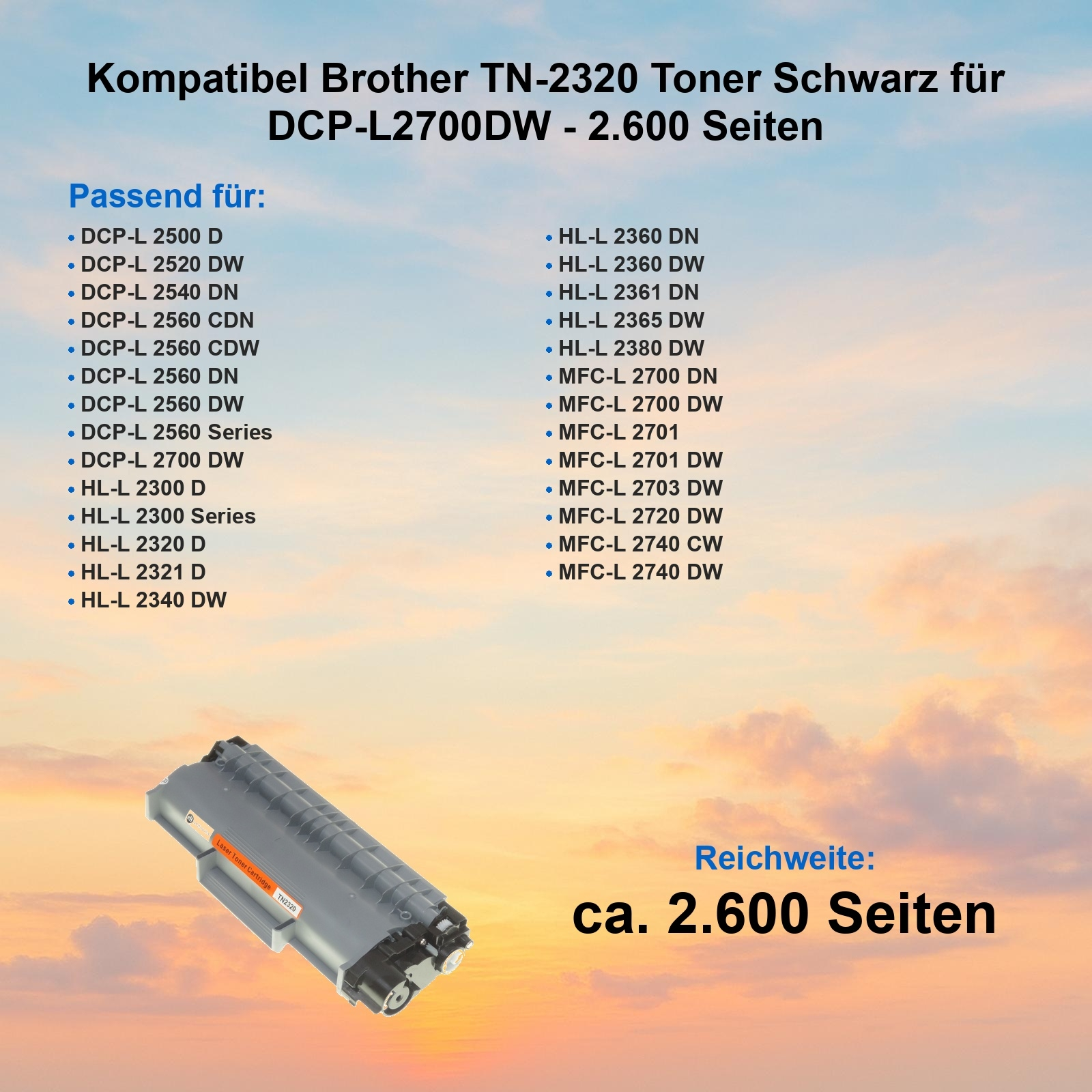 Eine orange-graue Tonerkartusche wird angezeigt. Textdetails kompatible Druckermodelle und Seitenleistung.