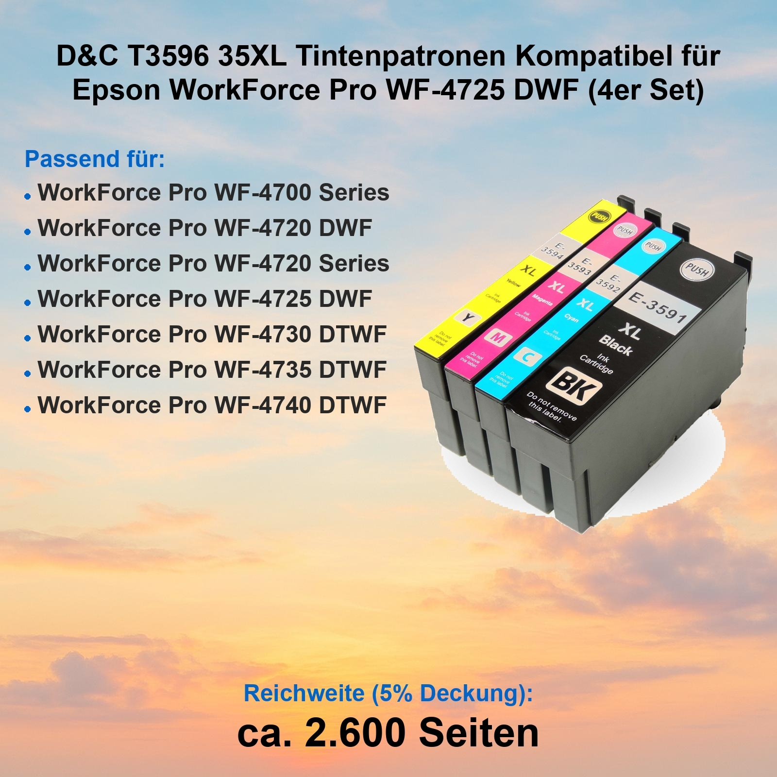 Tintenpatronen mit XL-Beschriftung in Gelb, Magenta, Cyan und Schwarz für Epson-Drucker. 4er-Set.