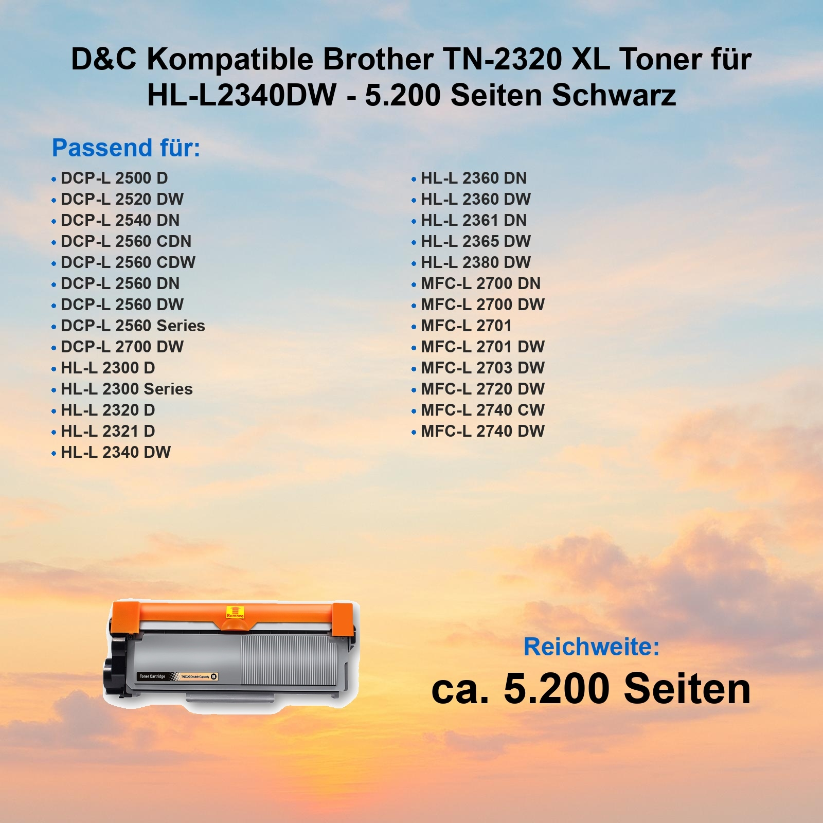 Das Bild zeigt eine Tonerkartusche. Text listet kompatible Brother-Modelle und geschätzte Seitenzahl.