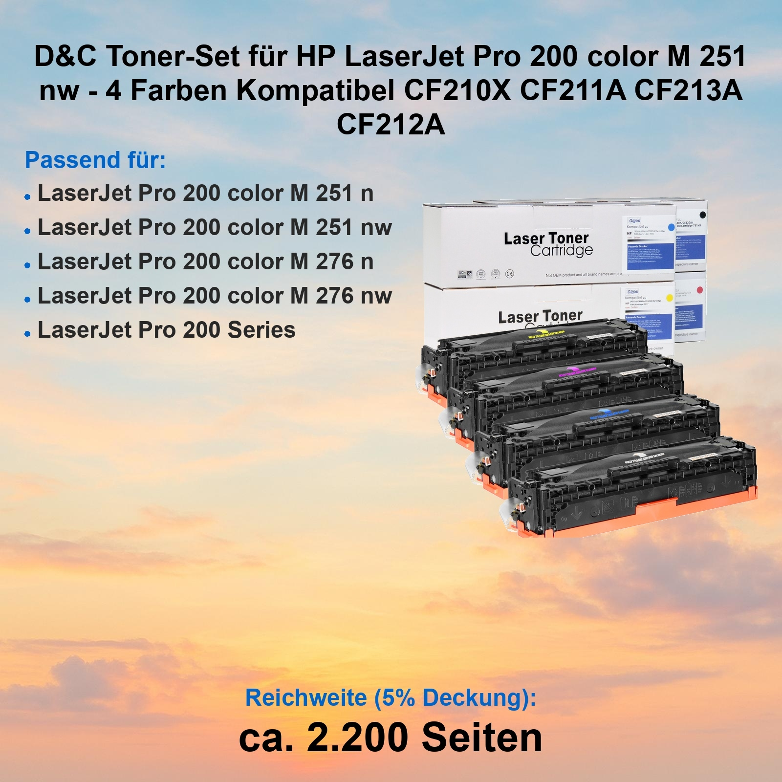 Tonerpatronen für HP LaserJet Pro 200 Serie. Das Bild zeigt Patronen und Verpackungen mit Text zu Kompatibilität und Seitenleistung.