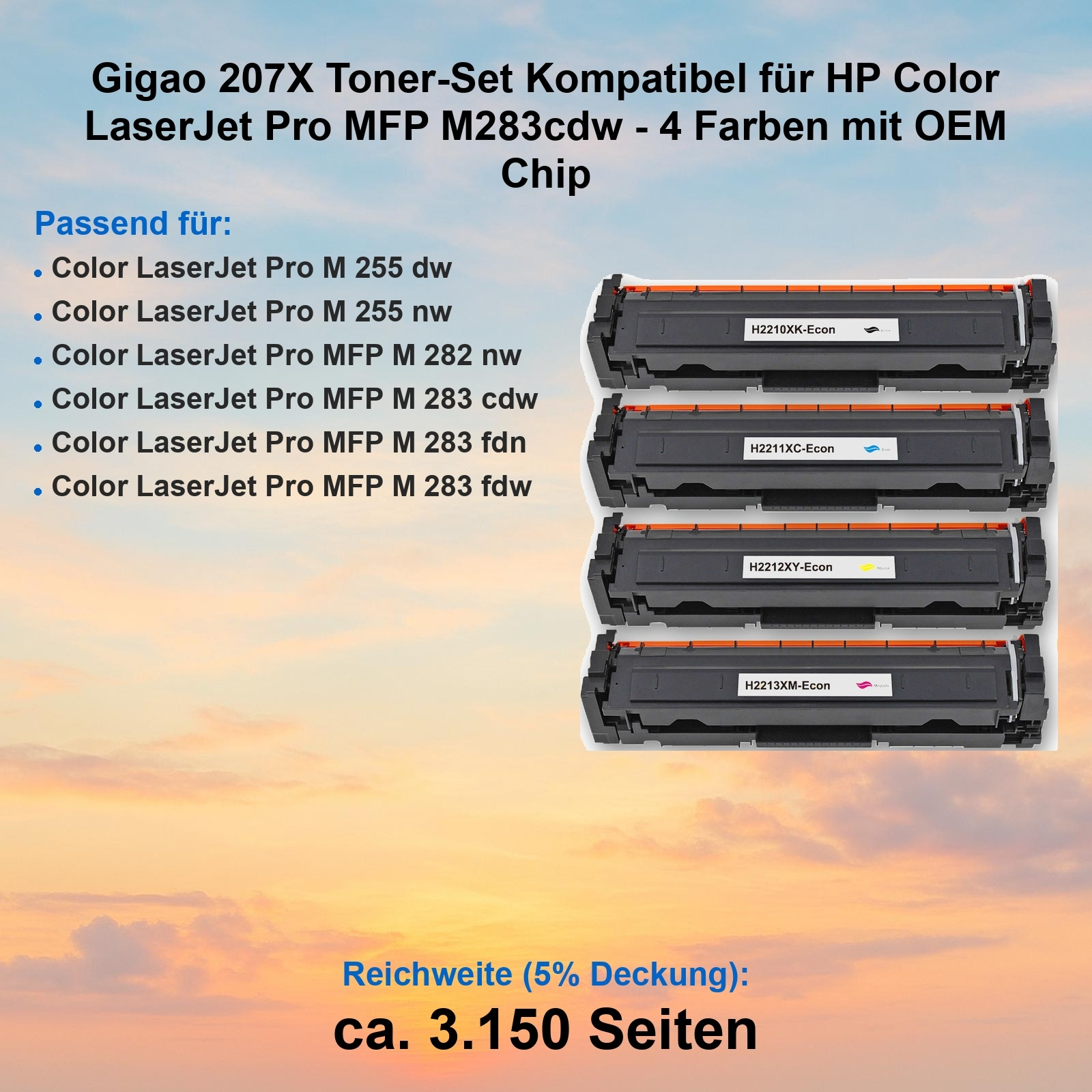 Toner-Set für HP Color LaserJet Pro. Enthält vier schwarze Patronen. Etiketten zeigen Farbcodes. Hintergrund ist ein Himmel.