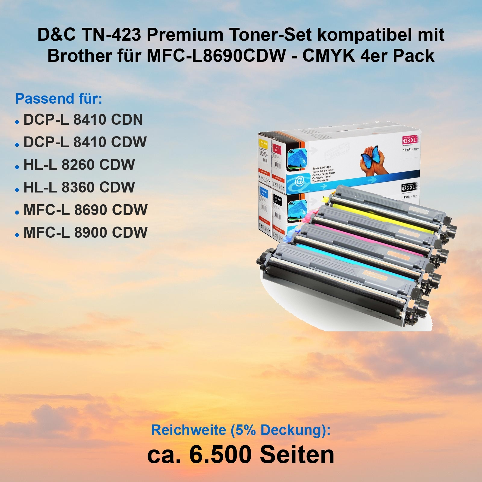 Tonerkartuschen in einer Schachtel. Text auf der Box gibt kompatible Drucker und Tonertyp an. Der Hintergrund ist ein Himmel.