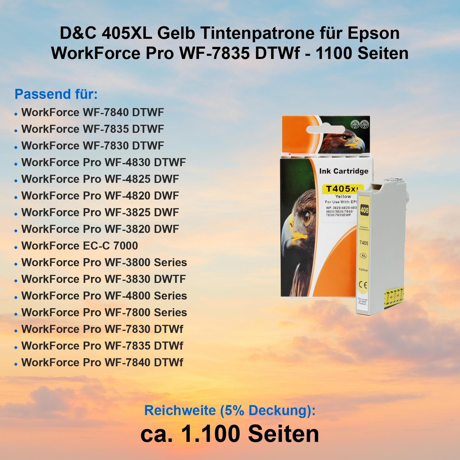 Eine Epson-Tintenpatronenbox mit einem Adlerbild und eine gelbe Tintenpatrone. Text enthält kompatible Druckermodelle.