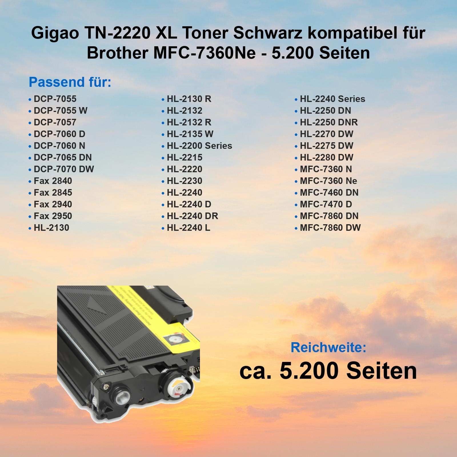 Schwarze Tonerkartusche mit gelbem Etikett, Text auf Deutsch und eine Liste kompatibler Drucker.