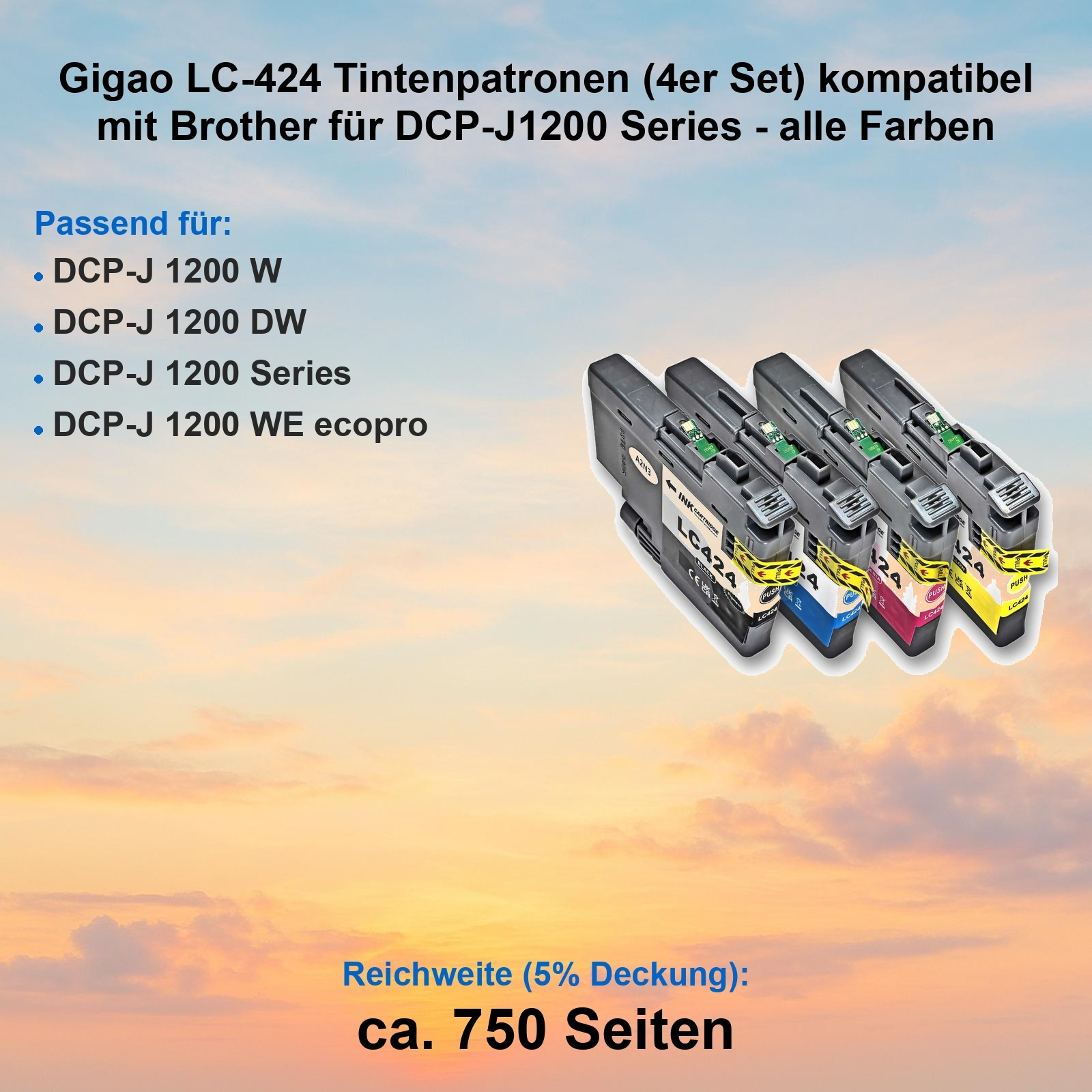 Das Bild zeigt Tintenpatronen für Brother-Drucker. Text oben. Vier Patronen im Vordergrund, vor Wolkenhintergrund.
