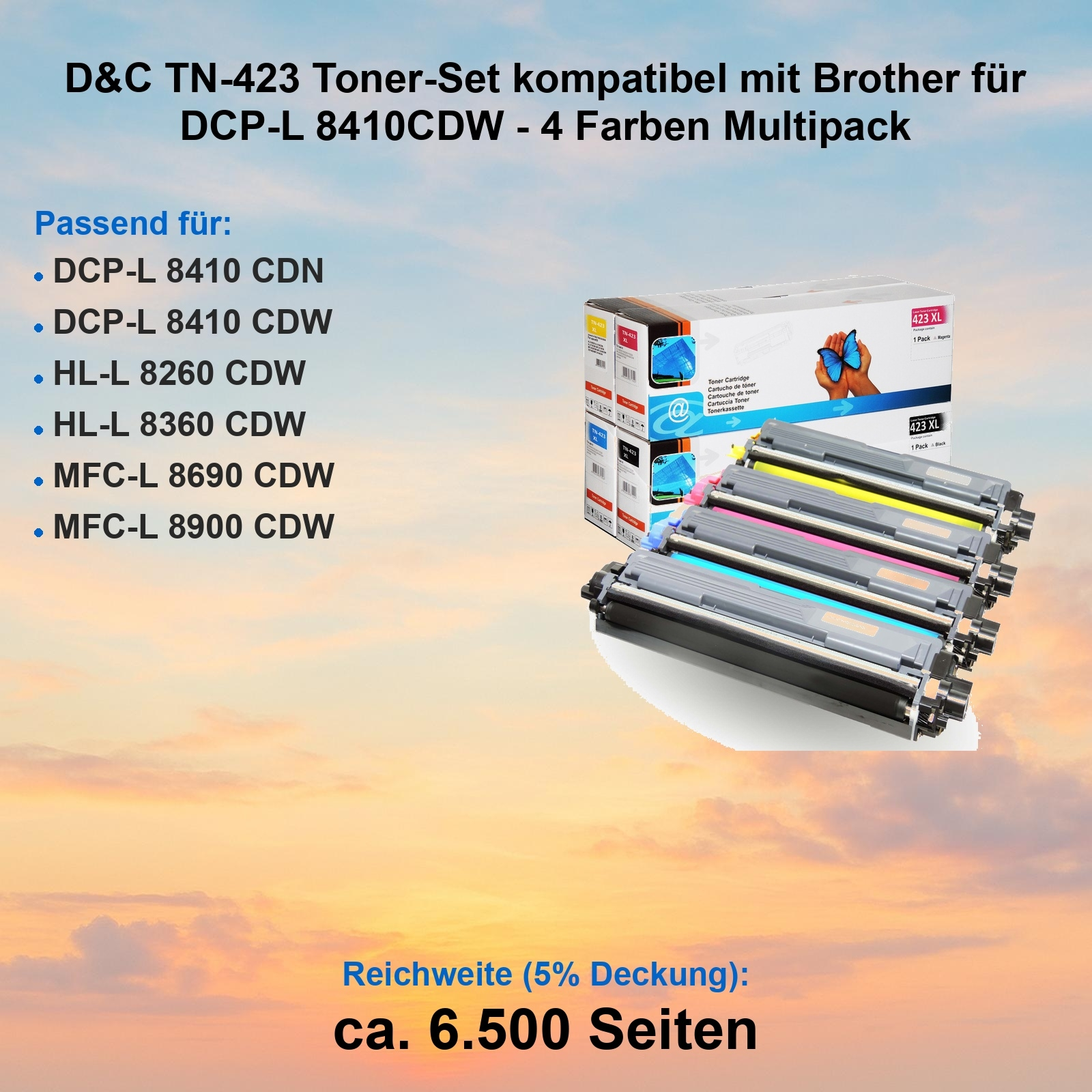 Das Bild zeigt ein Toner-Set, das mit Brother-Druckern kompatibel ist. Das Set enthält 4 Farben. Text enthält Druckermodelle.