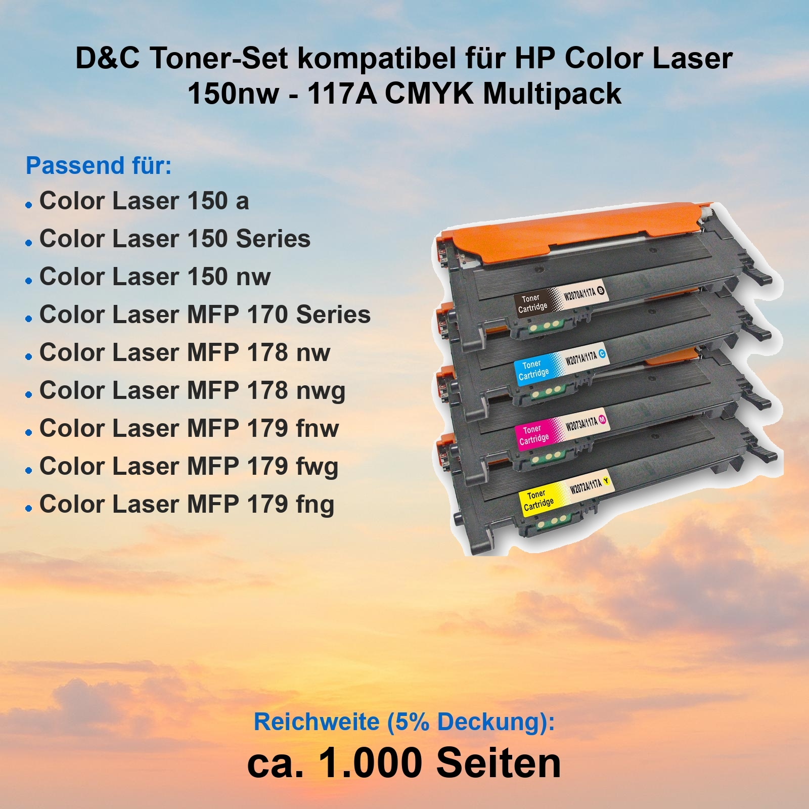 Das Bild zeigt ein Toner-Set für HP-Farblaserdrucker. Es enthält Patronen in Schwarz, Cyan, Magenta und Gelb.