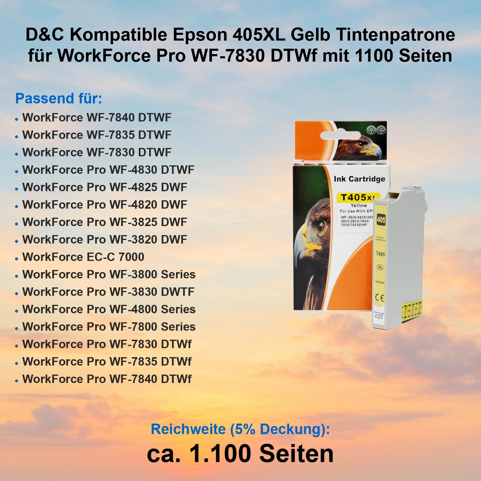 Gelbe Tintenpatronenbox mit Adlerbild, listet kompatible Druckermodelle und Seitenzahl auf.