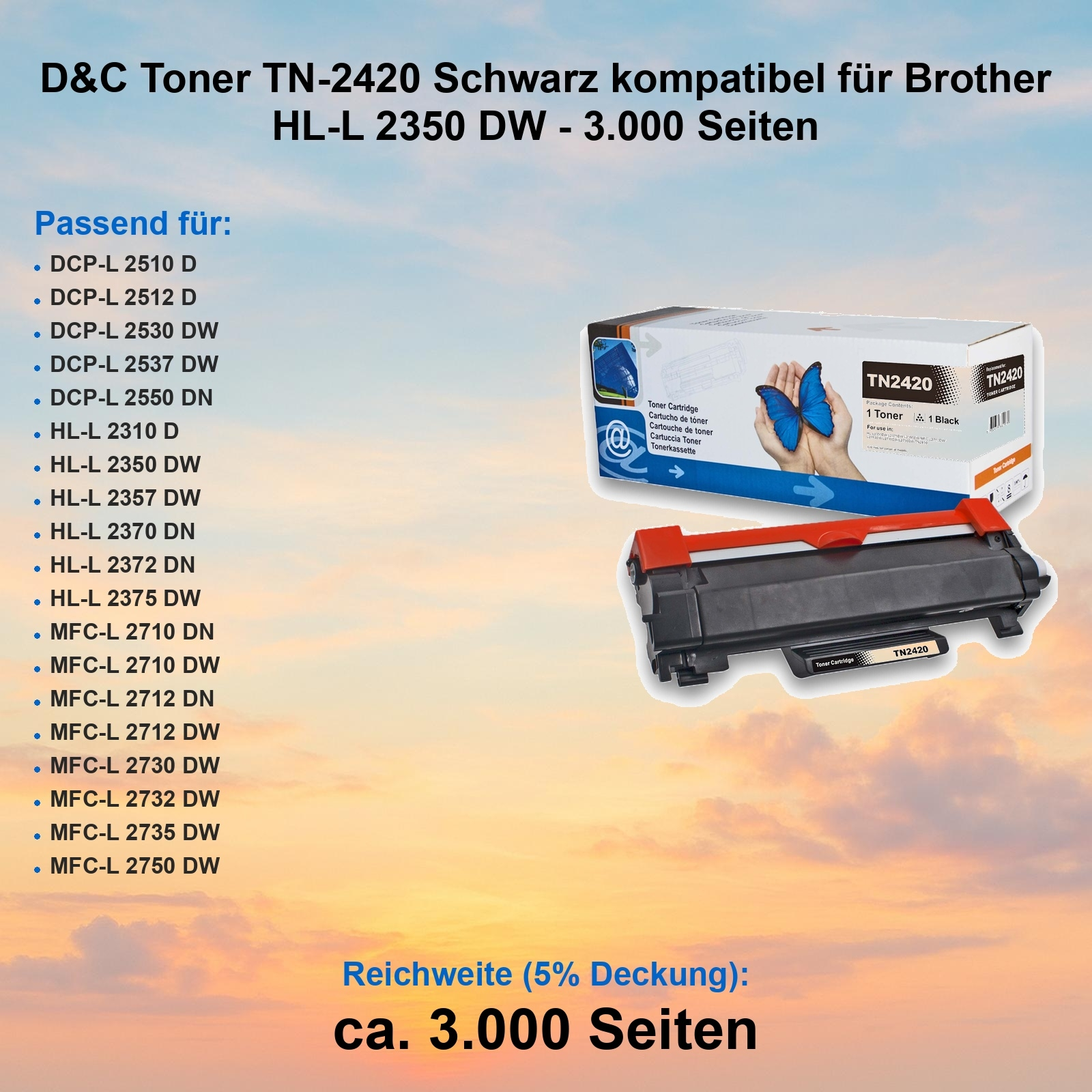 Tonerkassettenbox mit schwarzer und orangefarbener Tonerkartusche. Text enthält TN-2420 und kompatible Druckermodelle.