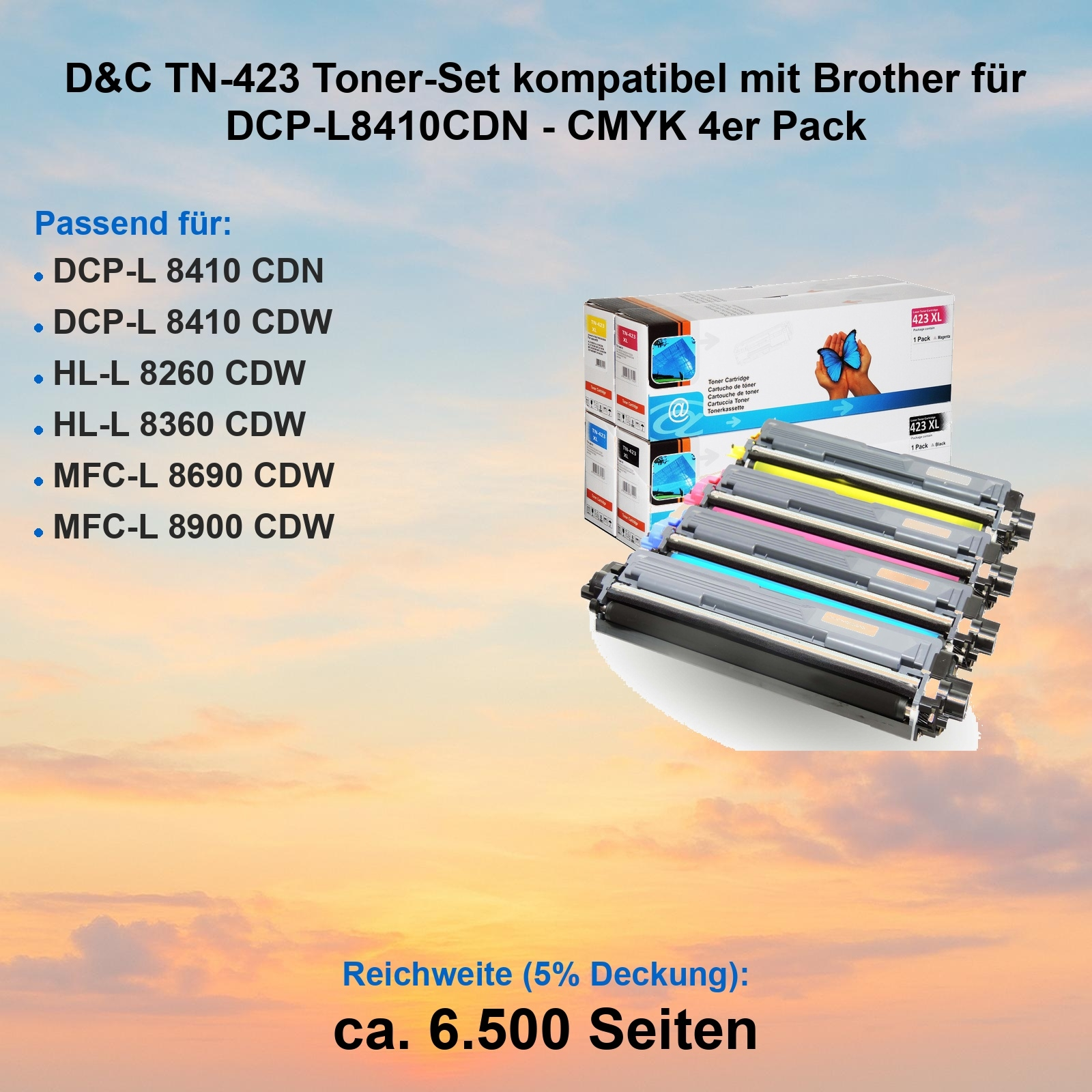 Das Bild zeigt ein Tonerset mit Patronen, eine Box und Text über die Kompatibilität mit Brother-Druckern.