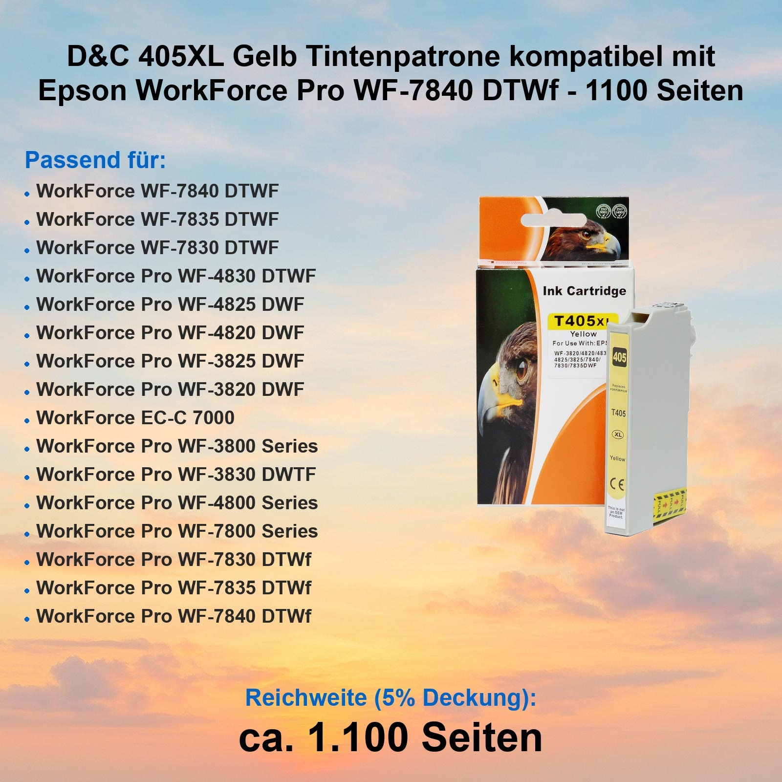 Gelbe Tintenpatrone mit Adlerbild. Deutscher Text listet kompatible Epson Drucker.