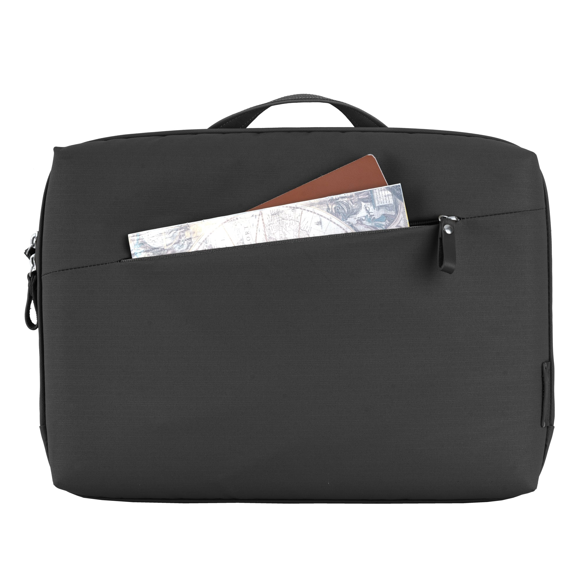 Un maletín negro con asa y bolsillo frontal. Dentro, hay un pasaporte y un mapa.