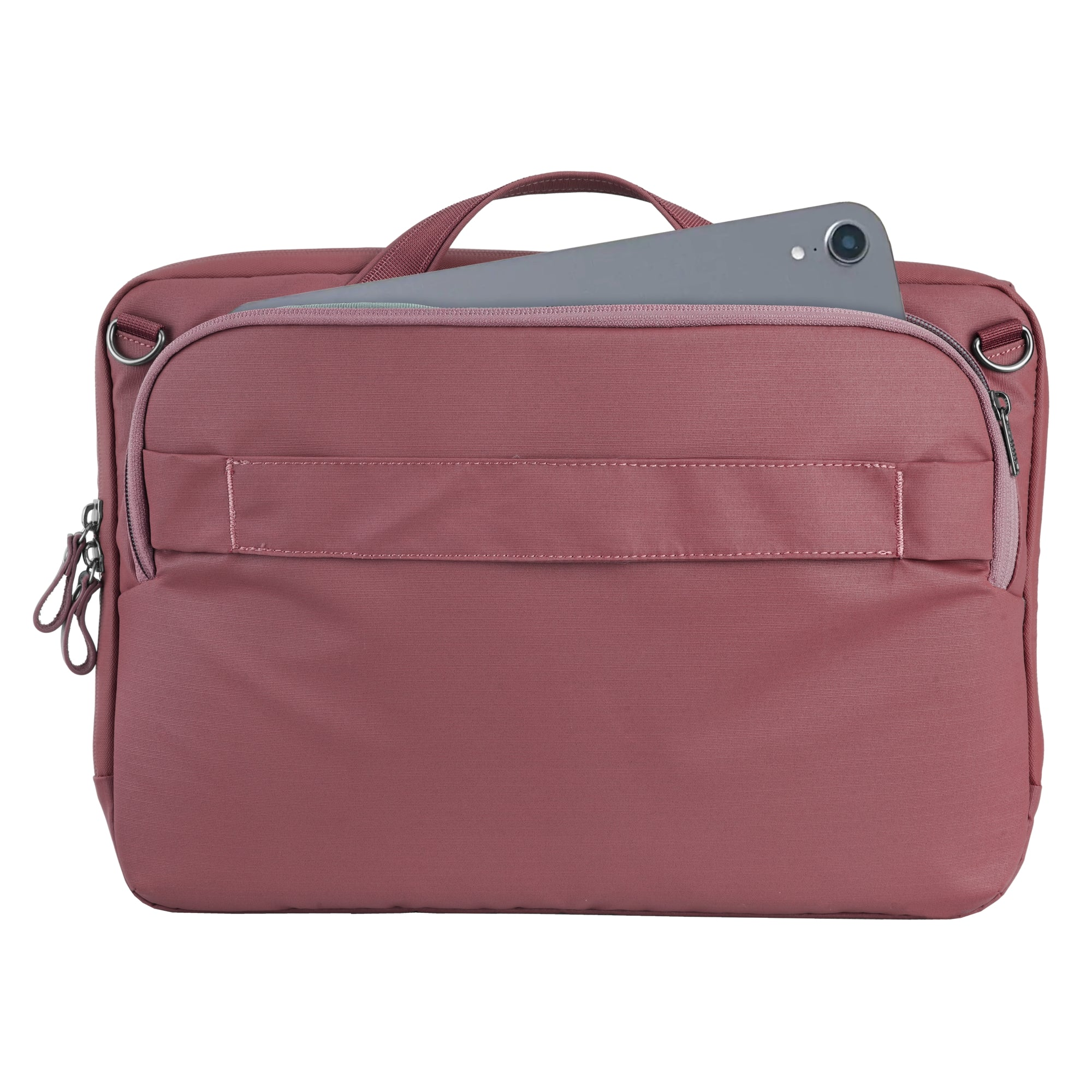 Bolso para portátil rosa polvoriento con tableta gris. El bolso tiene asa y cremallera. El fondo es blanco.