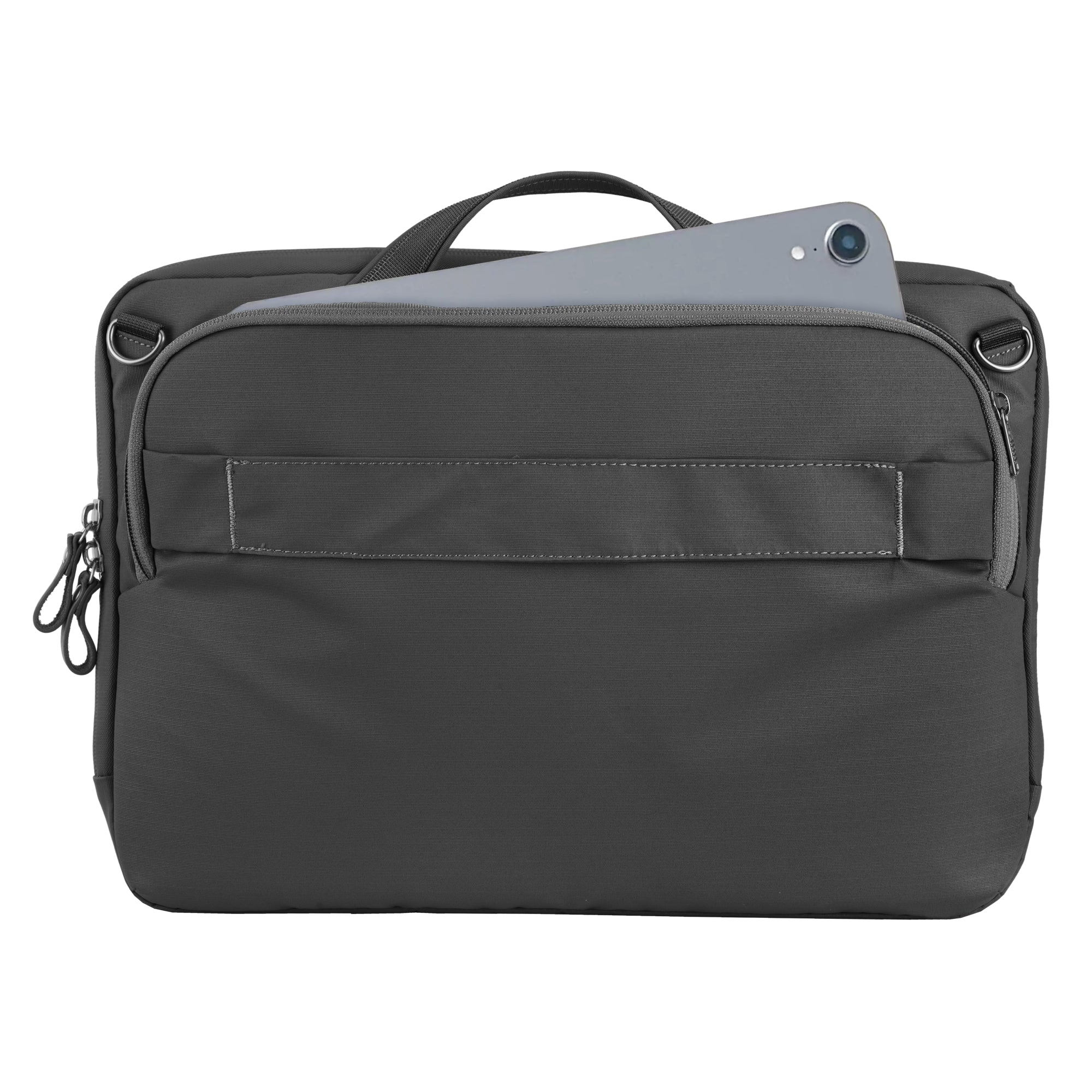 Una bolsa gris para portátil con una tableta dentro. Asa arriba, cremalleras laterales y un bolsillo frontal.