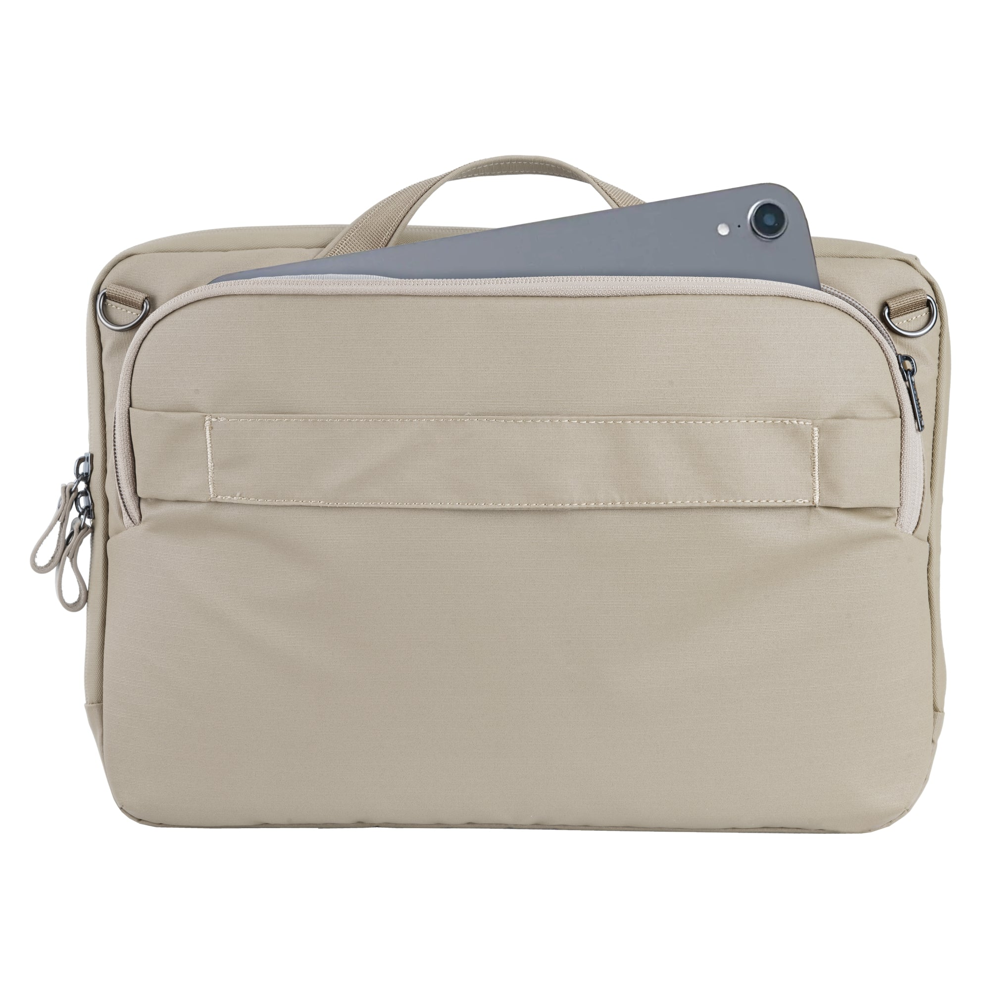 Una bolsa para portátil de color beige con una tableta parcialmente visible dentro. La bolsa tiene un asa y cremalleras.