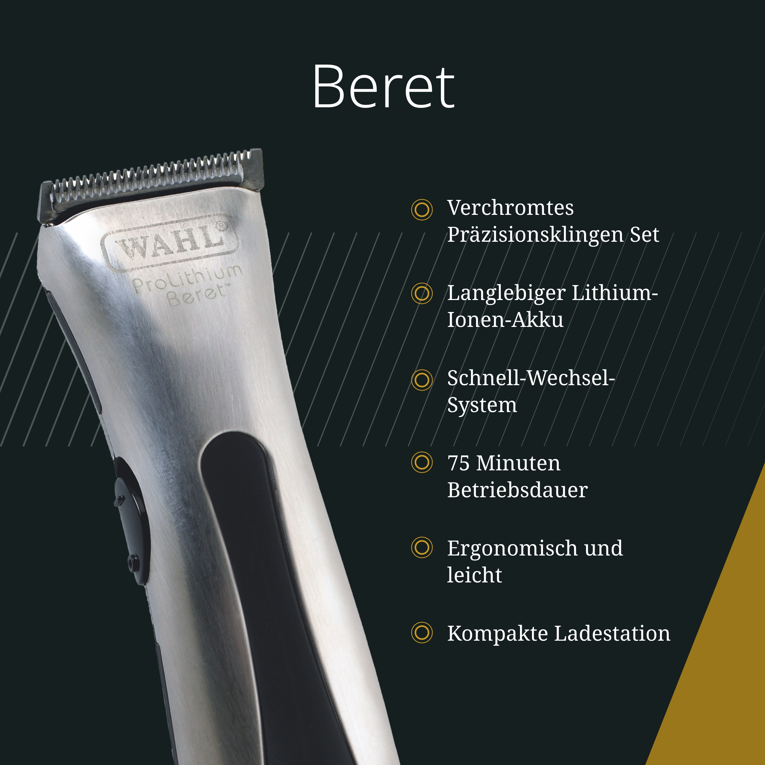 Gezeigt wird ein Wahl ProLithium Beret Trimmer mit Text, der Funktionen wie Präzisionsklingen, langlebige Batterie und ergonomisches Design auflistet.