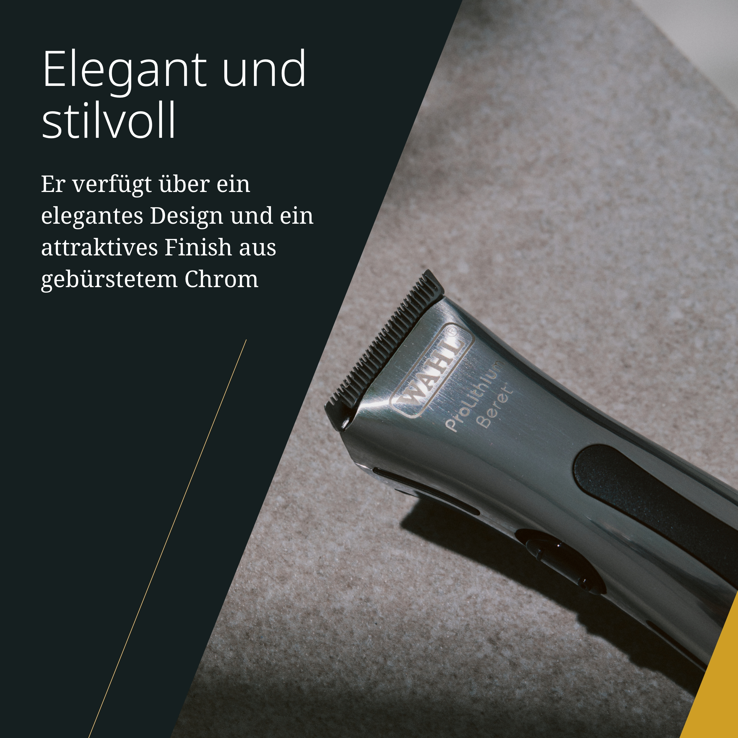 Ein silberner Wahl ProLithium Beret Trimmer auf einer strukturierten Oberfläche, mit deutschem Text.