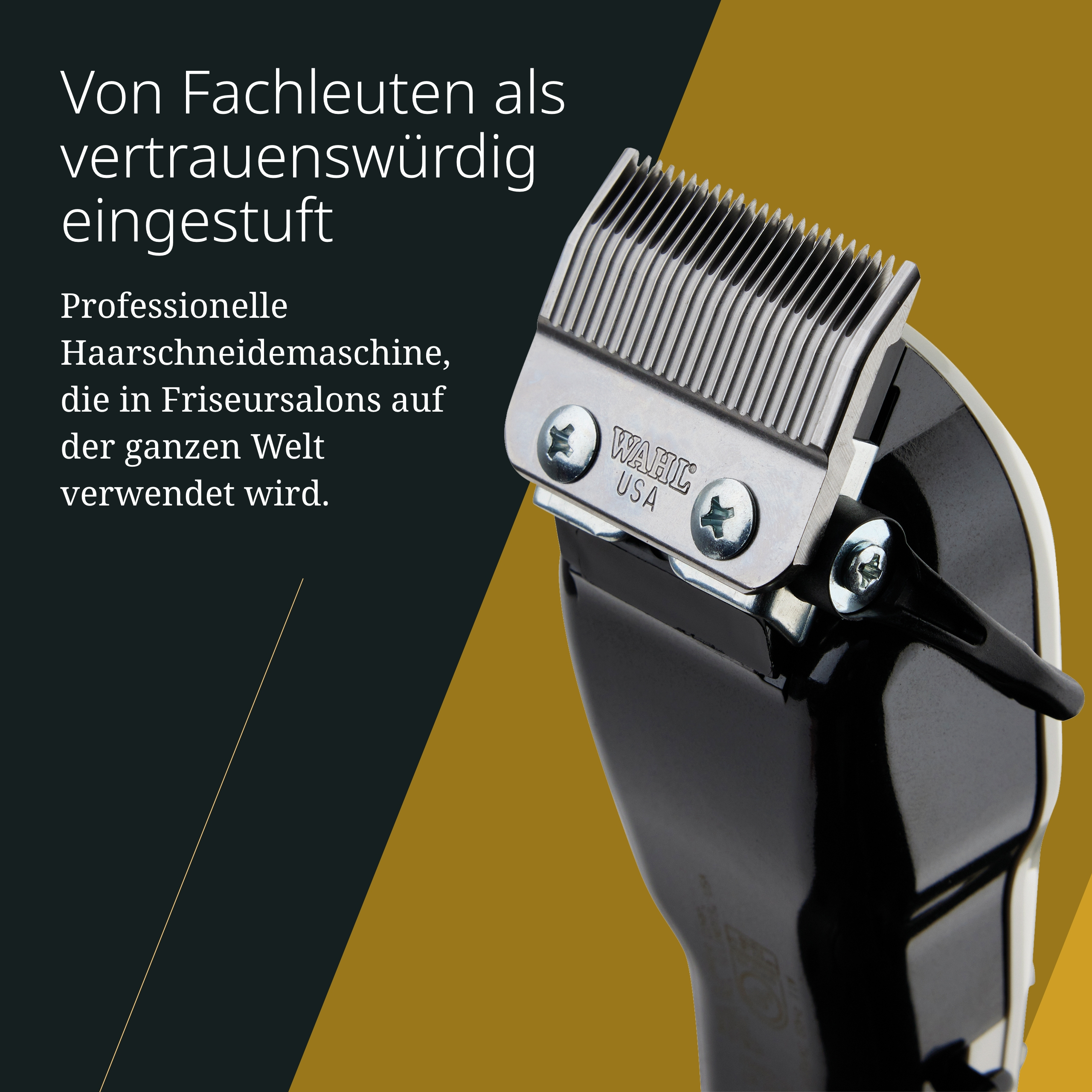 Nahaufnahme eines schwarzen und silbernen Haarschneiders mit Wahl USA Logo. Der Hintergrund ist gold und schwarz.