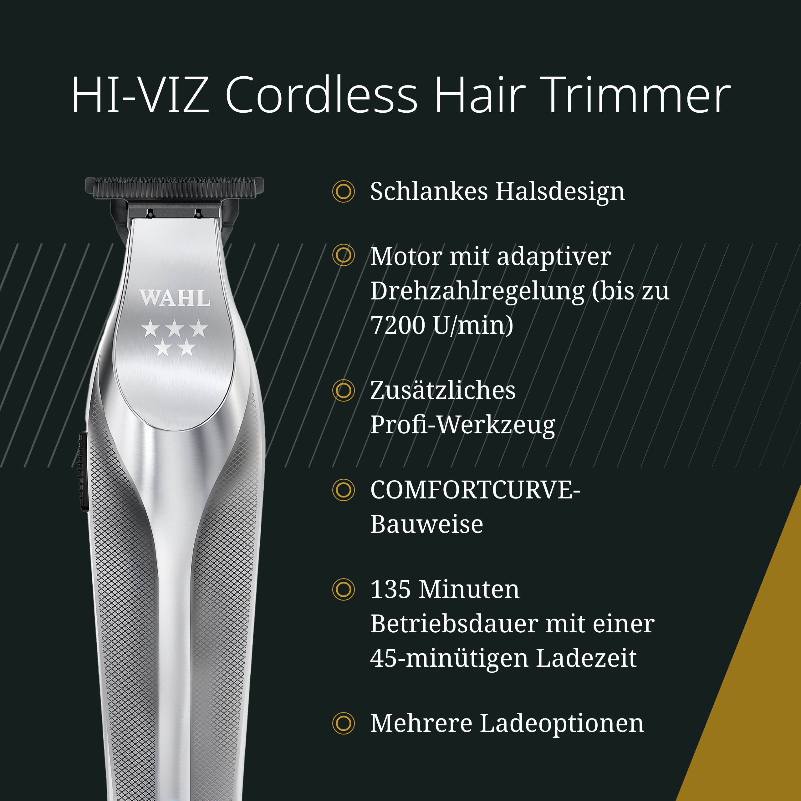 Ein silberner Wahl-Haarschneider. Der Text beschreibt Funktionen wie Motor, Akku und Design, vor dunklem Hintergrund mit Goldakzent.