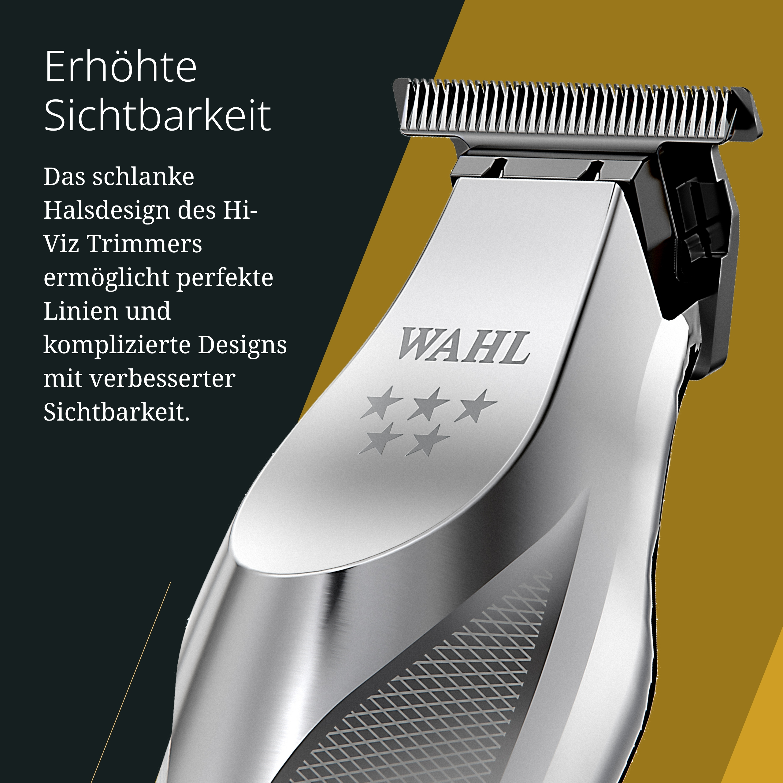 Nahaufnahme eines silbernen Wahl-Trimmers mit schwarzen Akzenten. Text auf der Seite lautet Wahl. Klingen sind oben sichtbar.