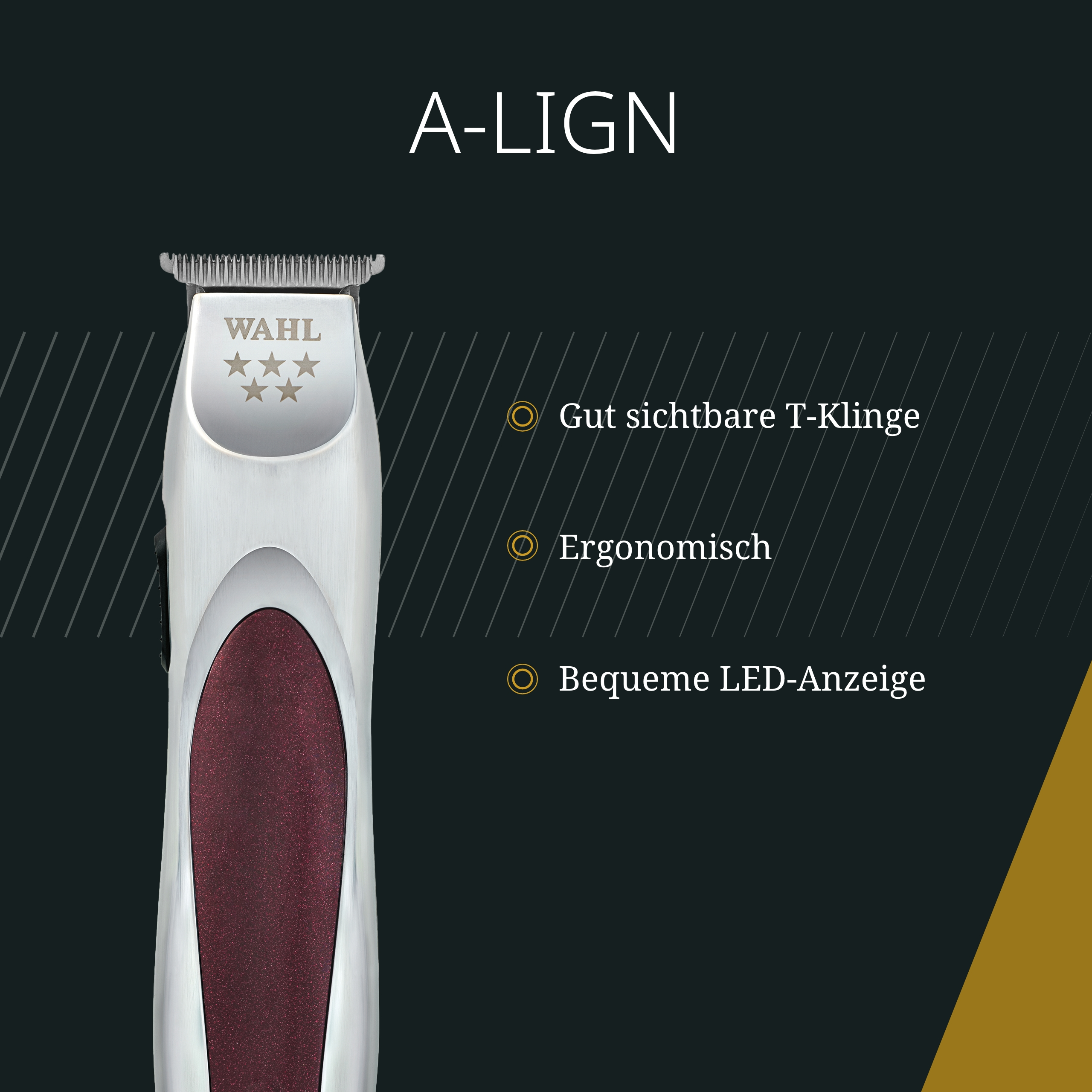 Ein silberner Wahl-Haarschneider auf schwarzem Hintergrund mit Text über die Funktionen des Trimmers.
