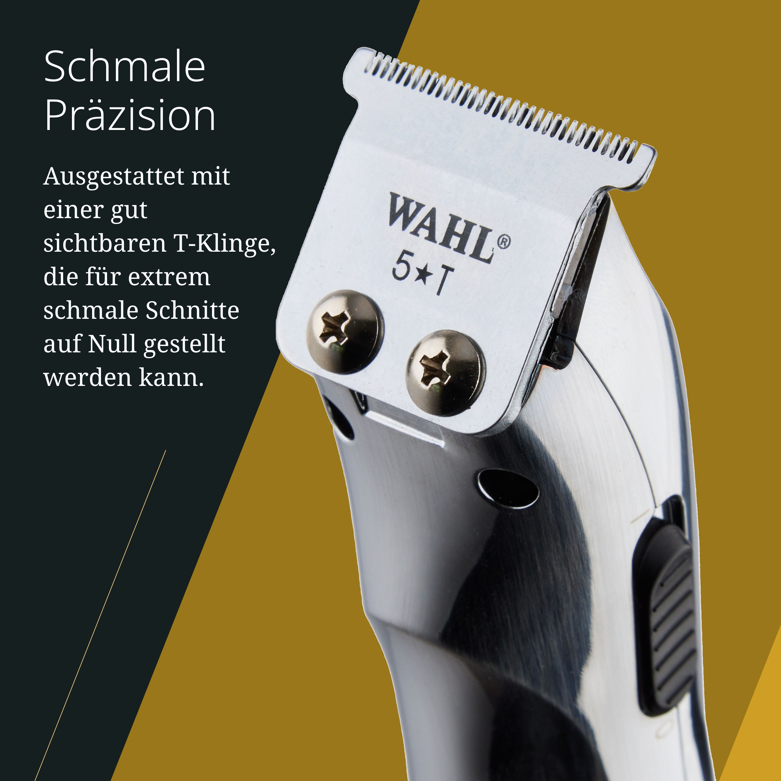 Nahaufnahme eines Wahl-Haarschneiders mit silberner Klinge und Markenlogo. Der Hintergrund ist gold und schwarz.