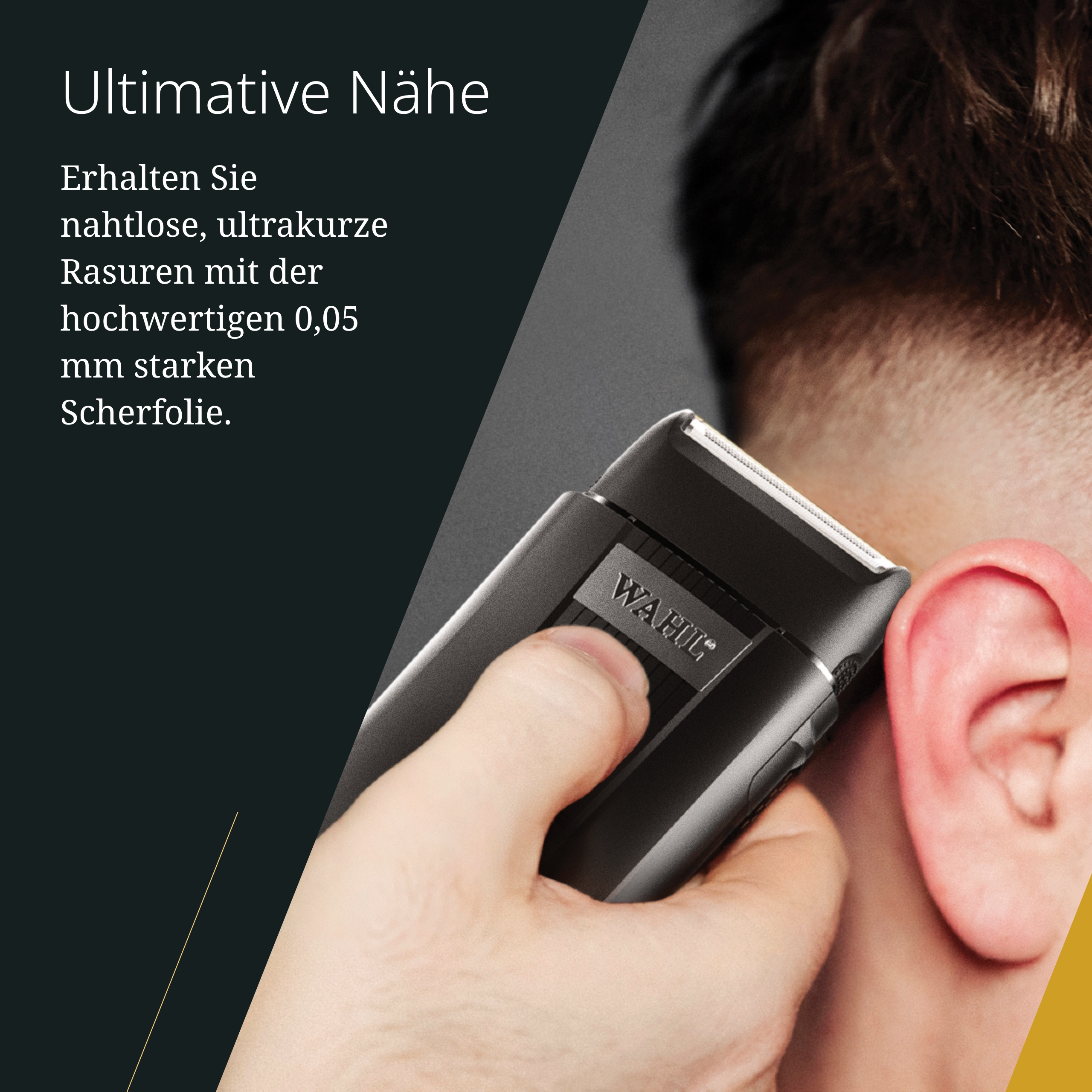 Osoba goli się czarną maszynką Wahl. Widoczne ucho i szyja. Tekst o goleniu po lewej stronie.