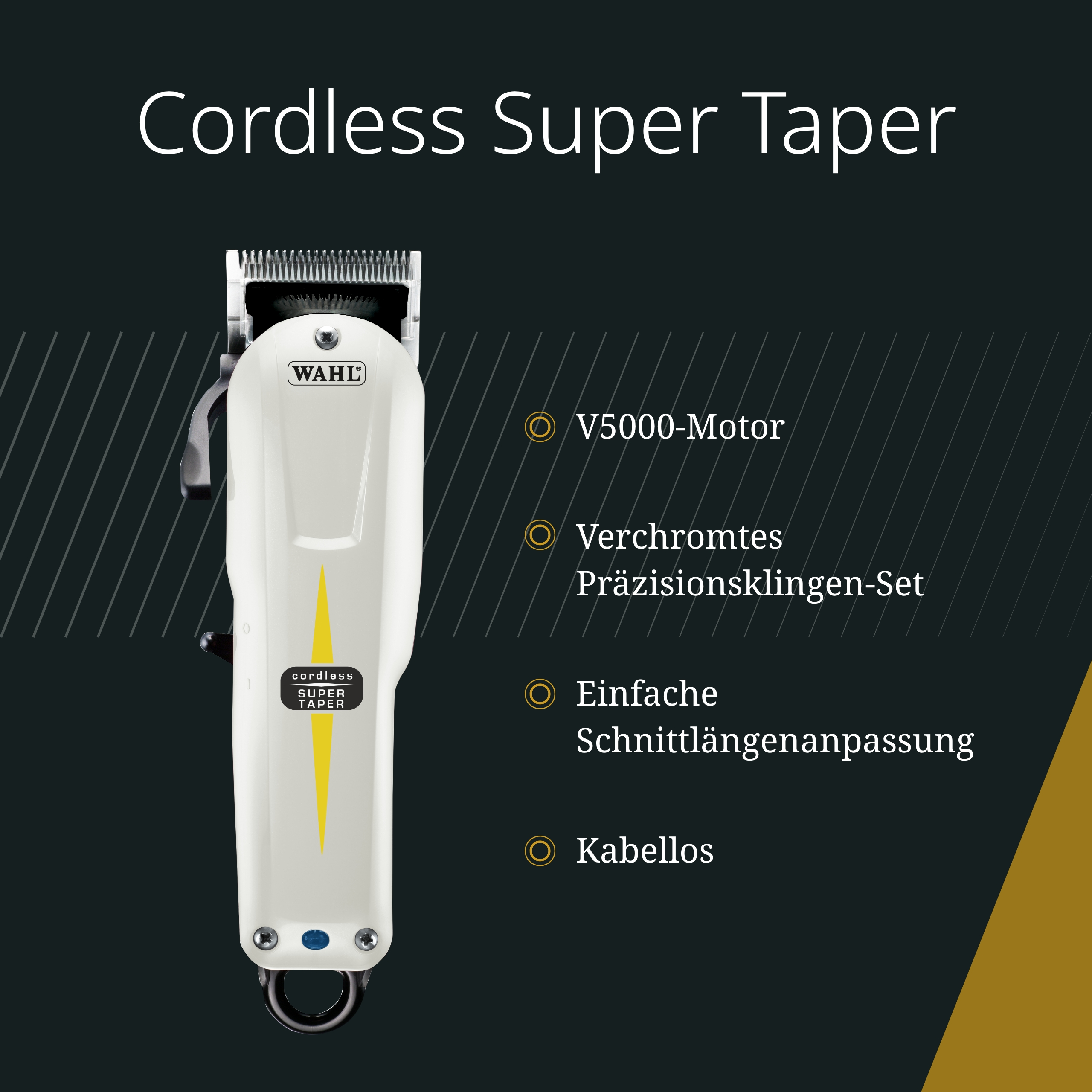 Ein weißer Wahl-Haarschneider mit gelbem Blitz-Design. Text enthält 'Cordless Super Taper' und Funktionen.