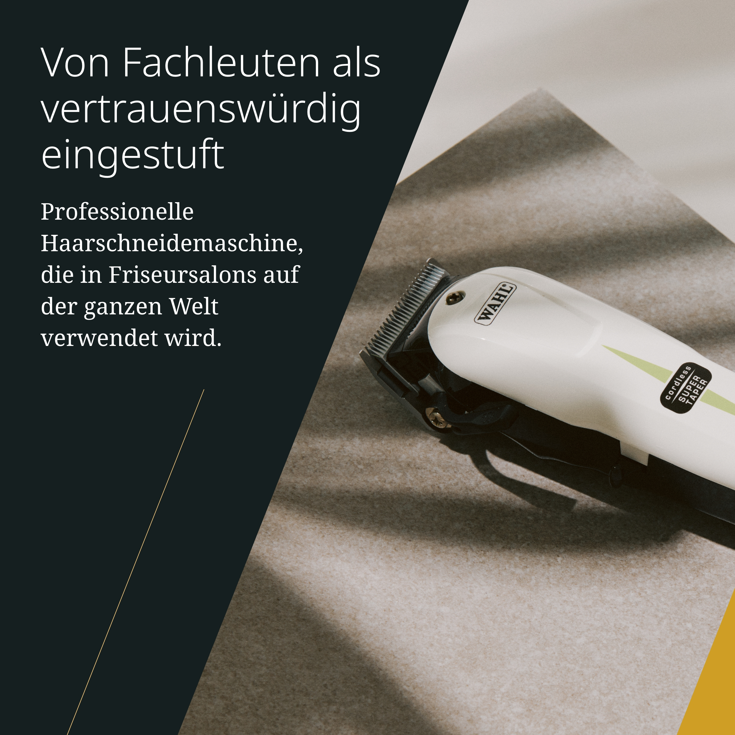 Ein weißer Wahl-Haarschneider auf einer strukturierten grauen Oberfläche. Text auf Deutsch links und eine gelbe Form in der Ecke.
