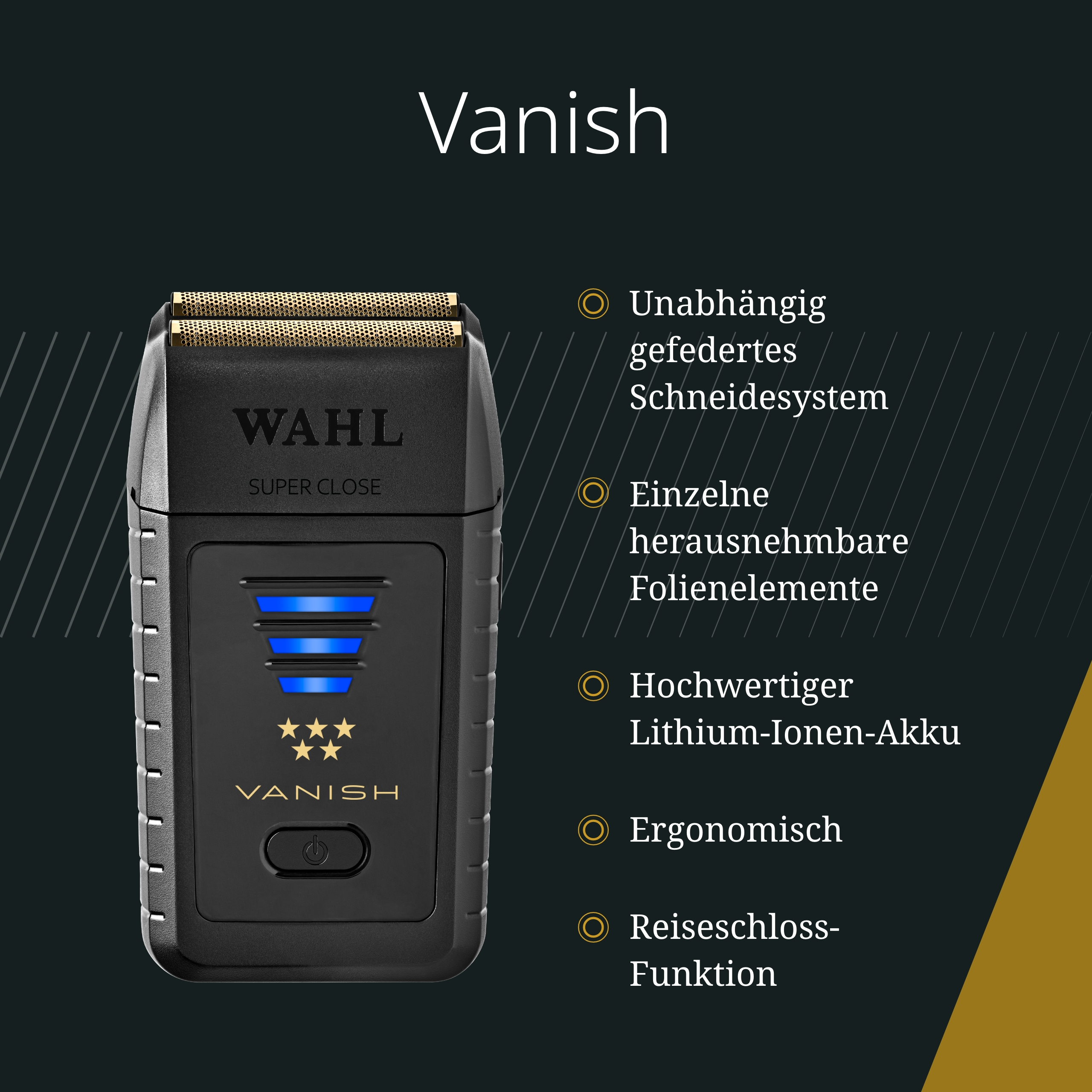 Czarna golarka Wahl Vanish. Cechy: elementy foliowe, bateria litowa i funkcja blokady podróży. Tekst: Vanish, Wahl, Super Close.