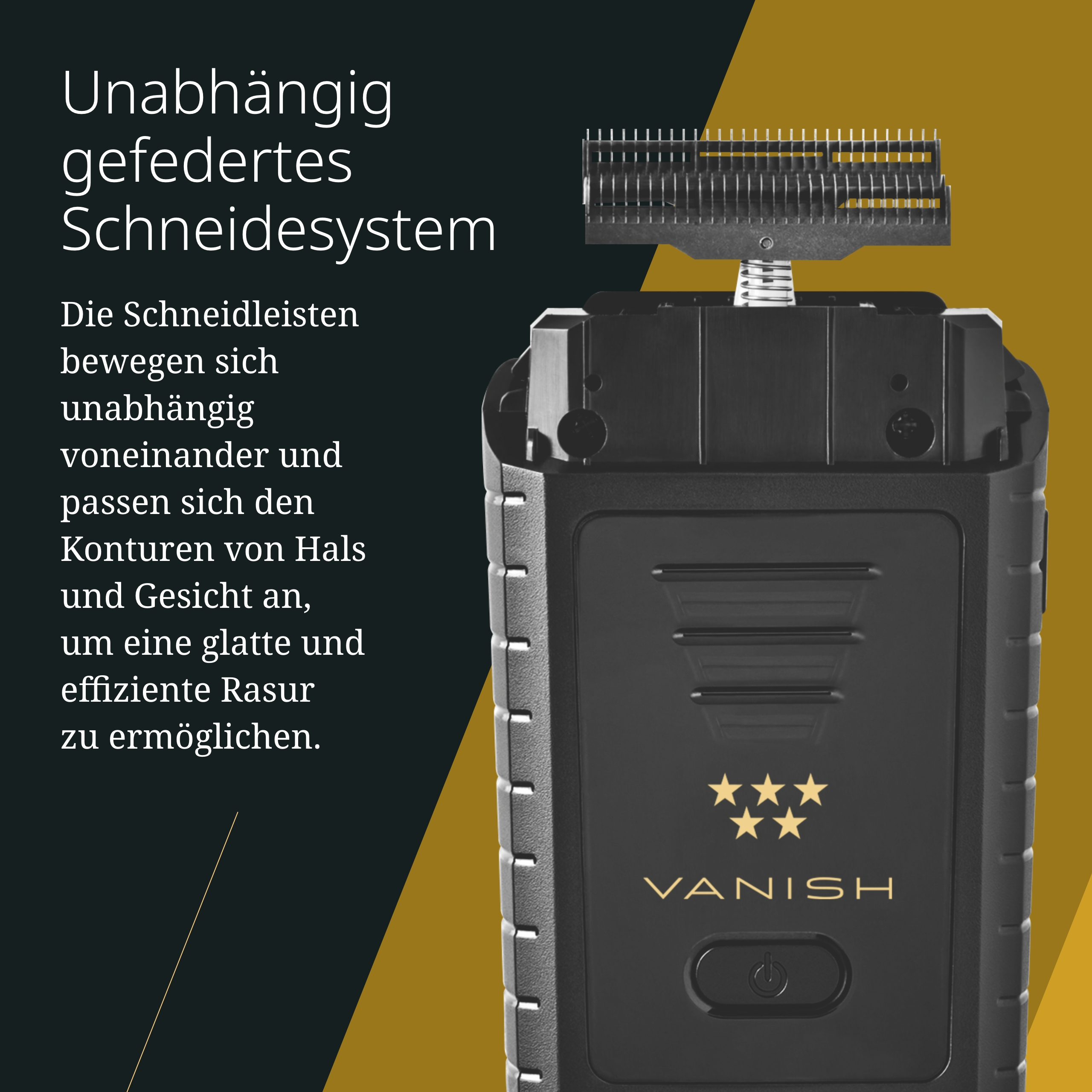 Golarka elektryczna z czarnym korpusem i srebrnymi ostrzami, tekst w języku niemieckim. Marka to Vanish.