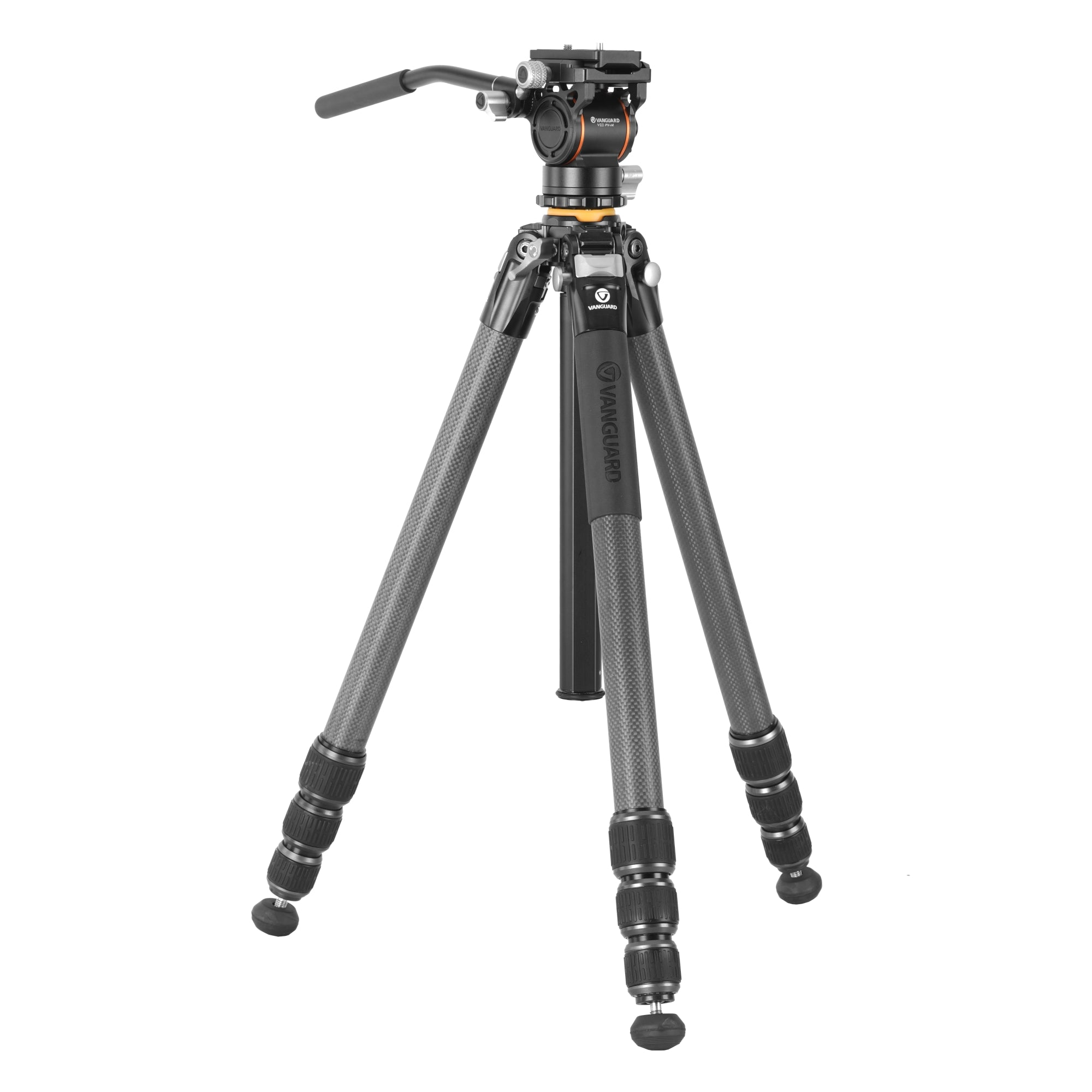 Un trípode negro y gris con rótula, patas extendidas. Logotipo de Vanguard visible. Aislado sobre fondo blanco.