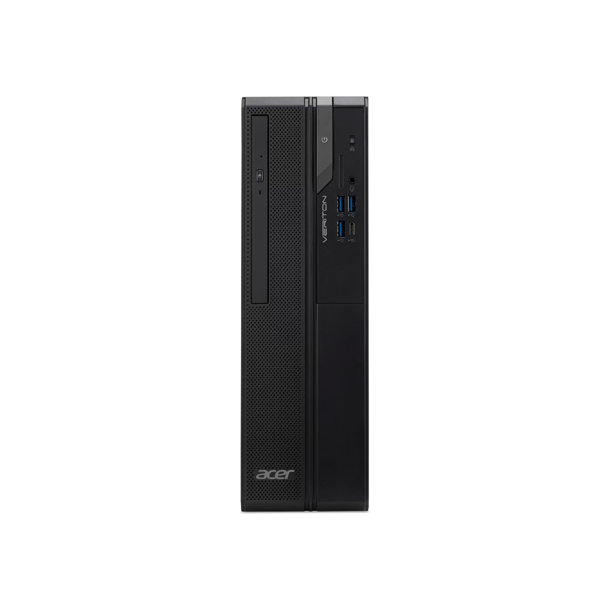 Un computer desktop Acer Veriton nero. Ha un'unità DVD, il pulsante di accensione, porte USB e i loghi Veriton e Acer.