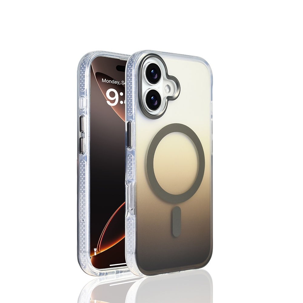 Şeffaf kılıflı iki iPhone. Biri saati gösteren ekranı, diğeri ise arka tarafı gösteriyor. Bir halka ve bir çubuk görünür.