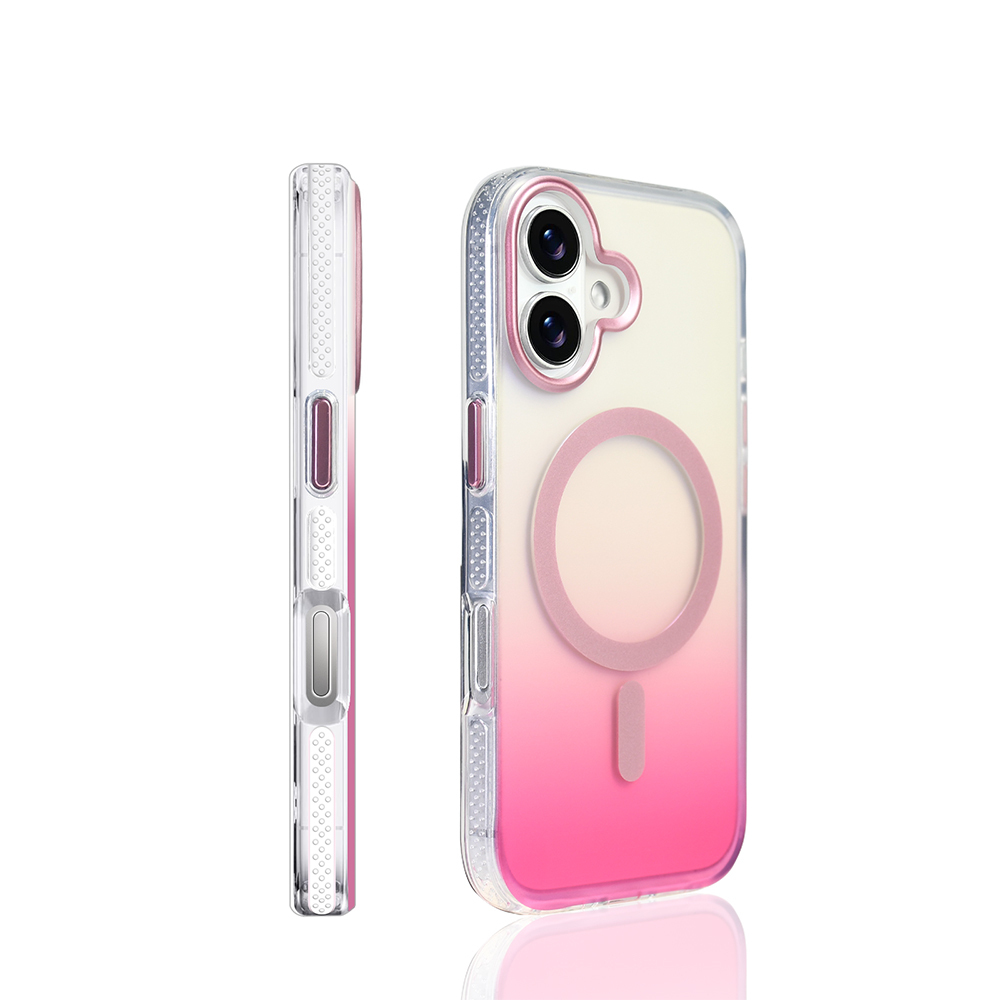Pembe degradeye sahip şeffaf telefon kılıfı. Yan ve ön görünüm. Kılıf, dairesel bir manyetik halkaya ve dikdörtgen bir bölüme sahiptir.