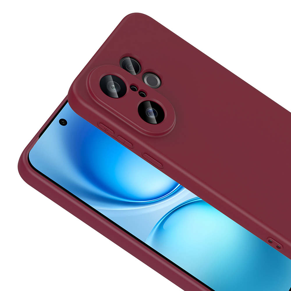 Mavi ekranlı, kamera lenslerini gösteren bordo bir telefon kılıfı. Kılıf telefonu kaplar, yakın çekim.