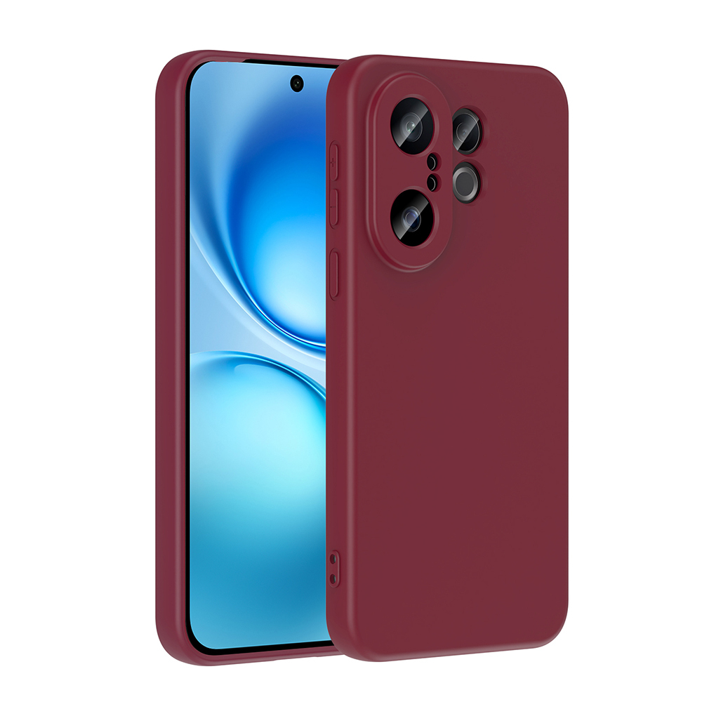 Burgonya renkli bir telefon kılıfı olan bir akıllı telefon. Telefon, kamera lenslerini ve yan düğmeleri göstererek, kılıf takılı şekilde sergileniyor.