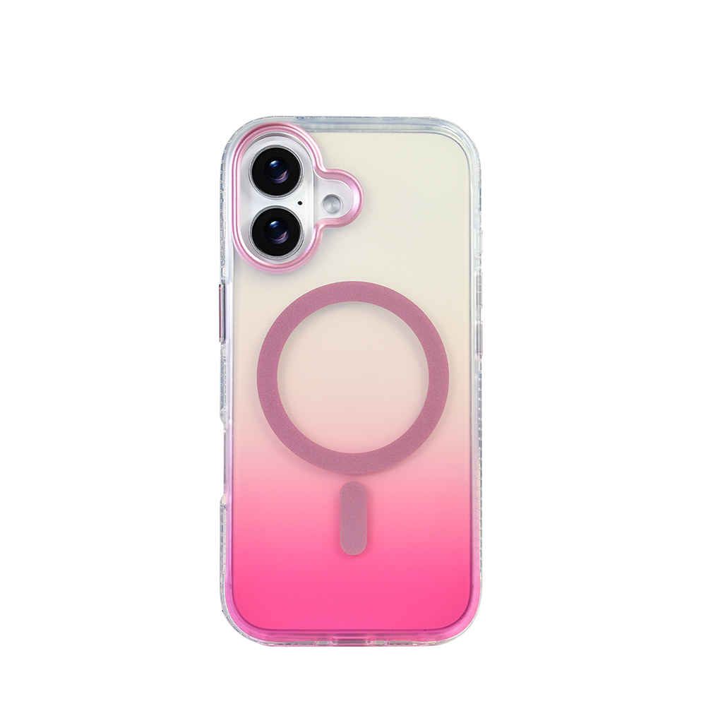 Pembe geçişli şeffaf bir telefon kılıfı. Arkasında pembe bir halka ve küçük bir çubuk var. Kamera lensleri görünür.