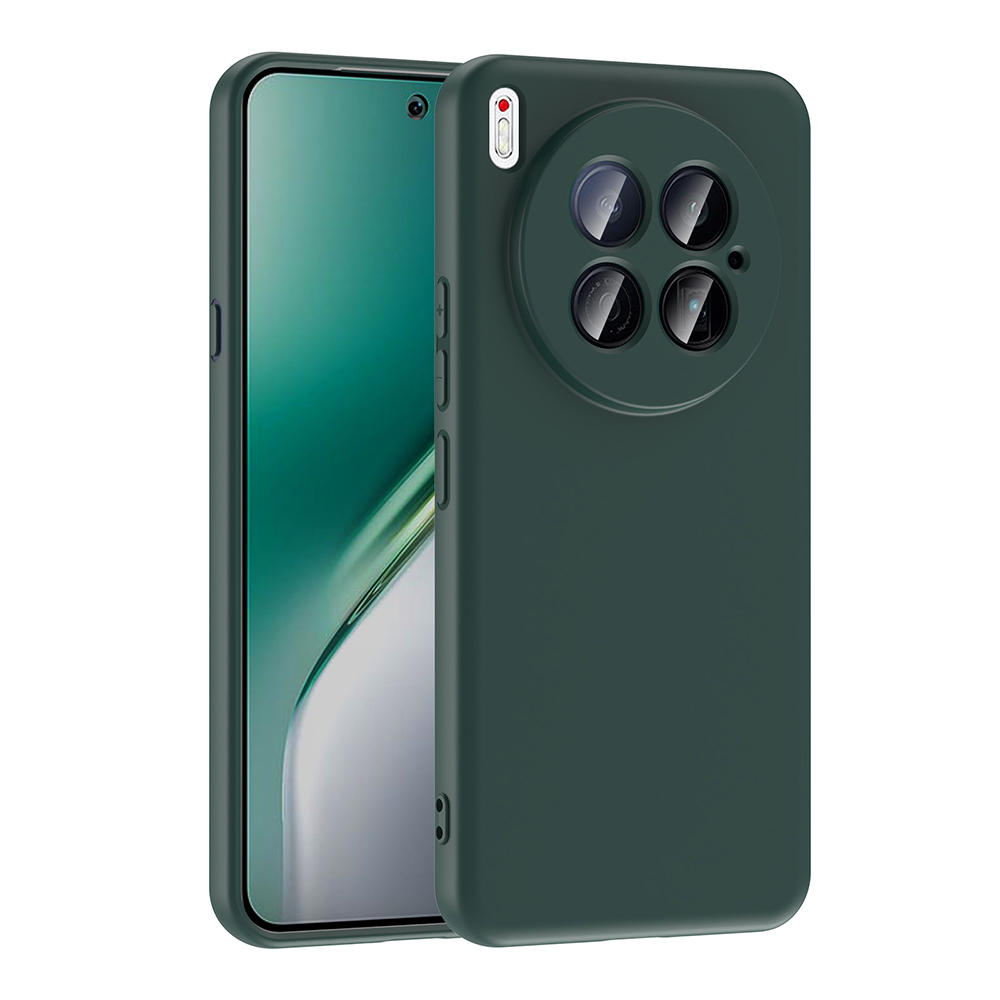 İçinde bir telefon bulunan yeşil bir telefon kılıfı. Kılıfın yuvarlak bir kamera dizisi var. Telefon ekranı yeşil bir arka plan gösteriyor.