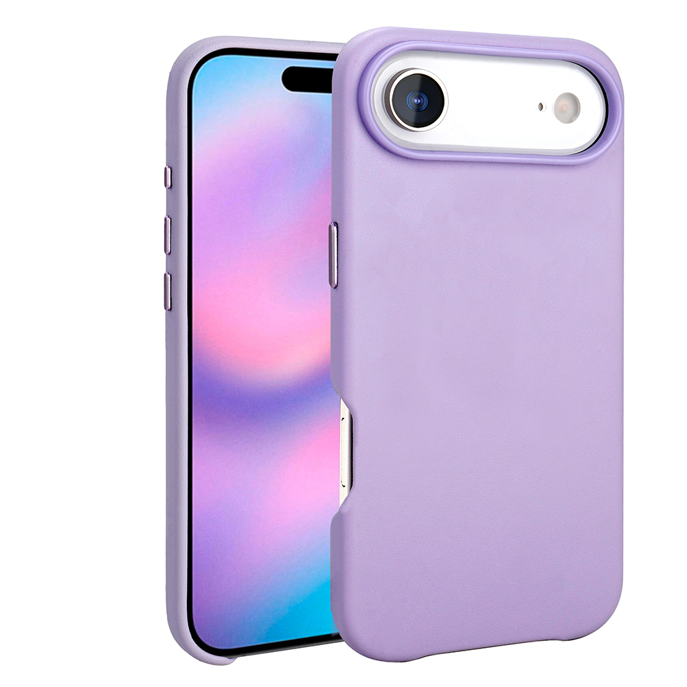 İçinde bir telefon bulunan mor bir telefon kılıfı. Kılıfın kamera kesimi ve kart yuvası var. Telefon ekranı görünür durumda.