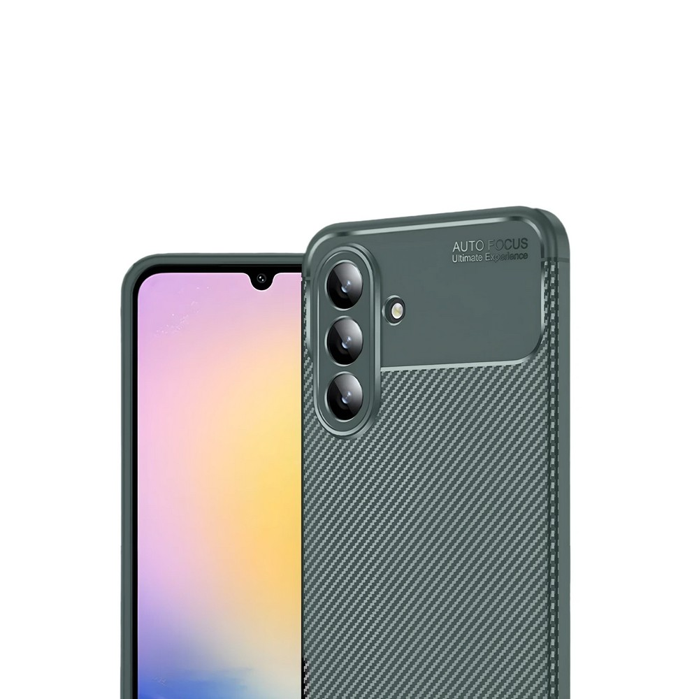 Yeşil kılıflı bir telefon gösteriliyor. Kılıfın desenli bir arka yüzü ve bir kamera çıkıntısı var. Telefon ekranı görünüyor.