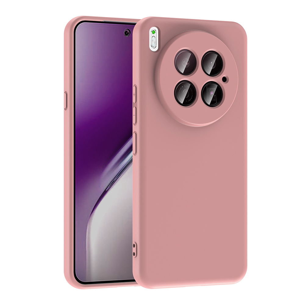Dört lensli ve ekranlı pembe telefon kılıfı. Kılıf sağda, telefon solda.