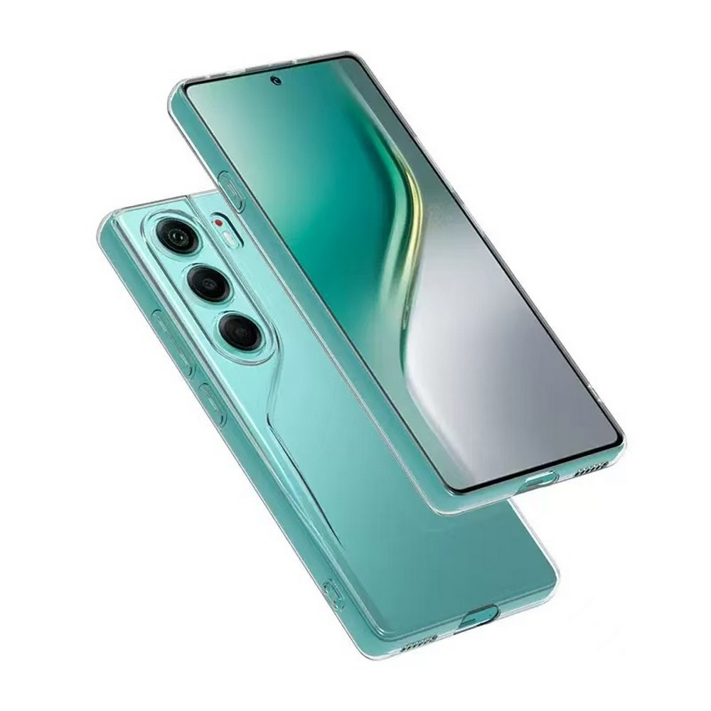 Telefonun tasarımını gösteren, biri diğerinin üzerinde iki şeffaf telefon kılıfı. Kılıflar turkuaz renklidir.