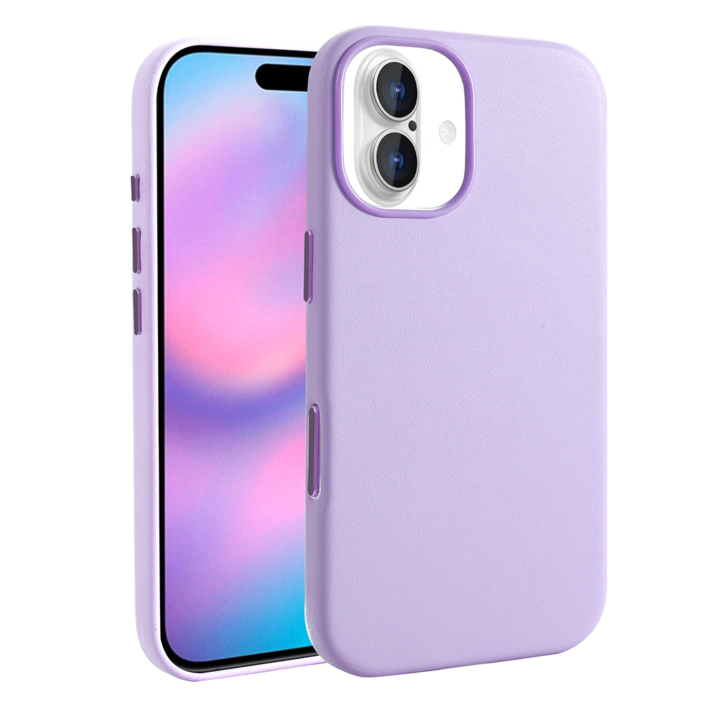 Lila bir telefon kılıfı, pembe ve mavi tonları gösteren bir ekranı olan bir telefonun yanında duruyor. Kılıfın kamera kesikleri var.